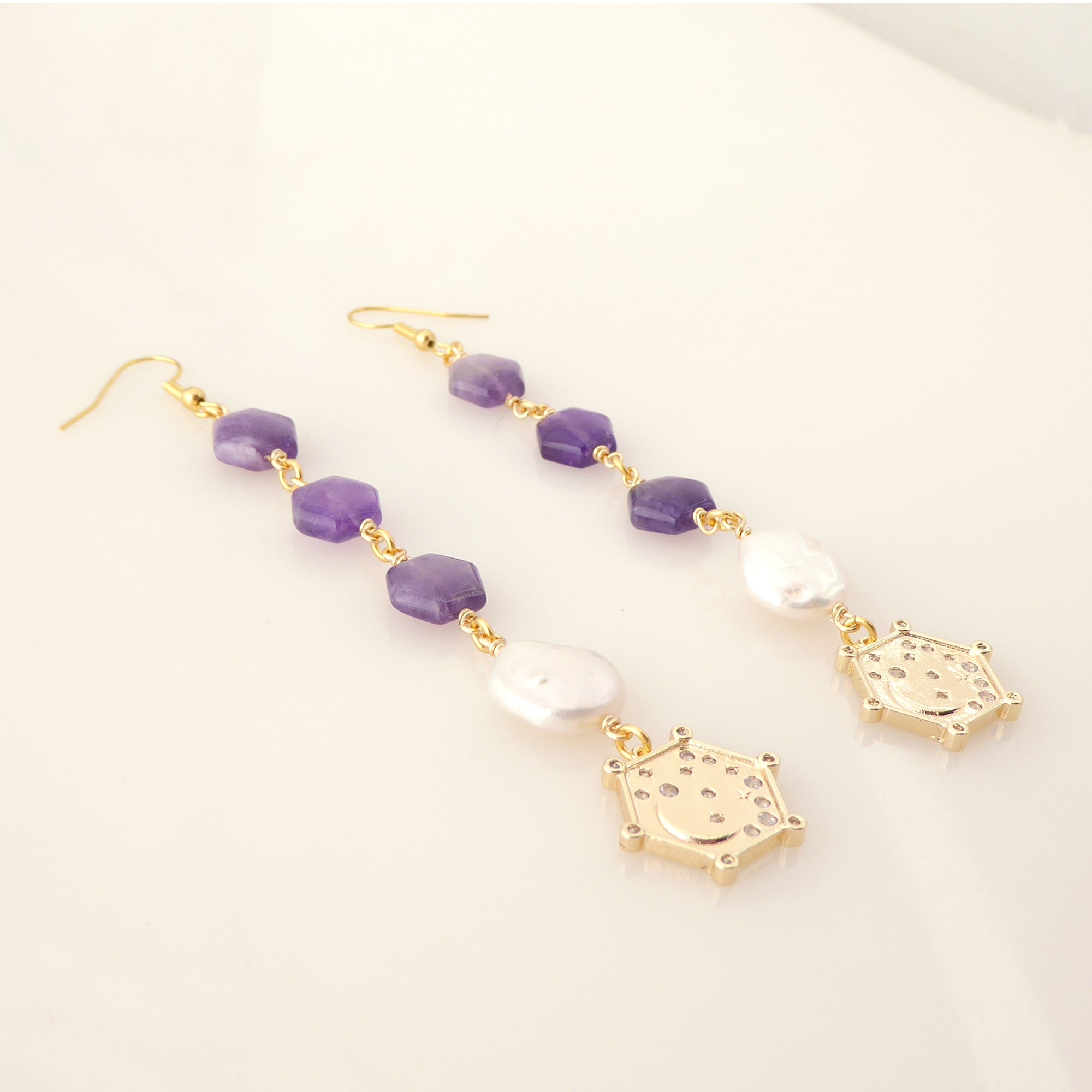 Hexagon amethyst and pearl earrings by Jenny Dayco 2