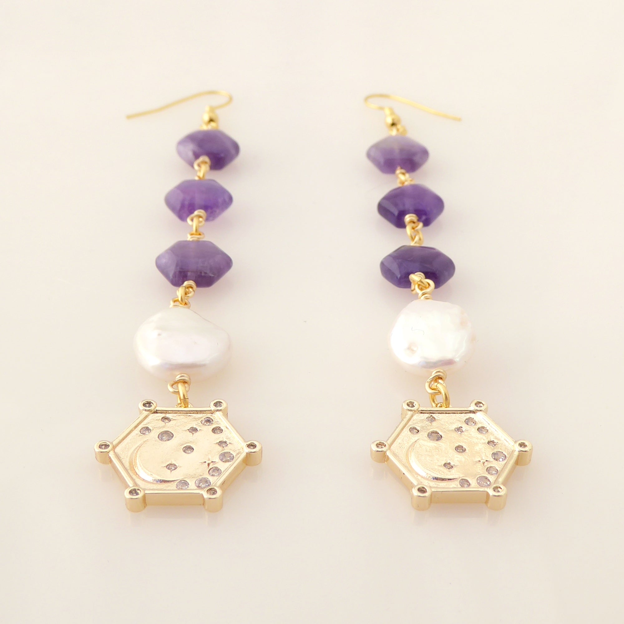 Hexagon amethyst and pearl earrings by Jenny Dayco 3