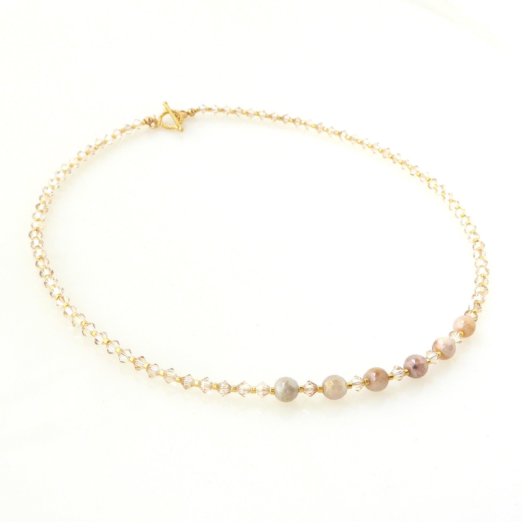 Iridescent peach moonstone beaded necklace by Jenny Dayco 2