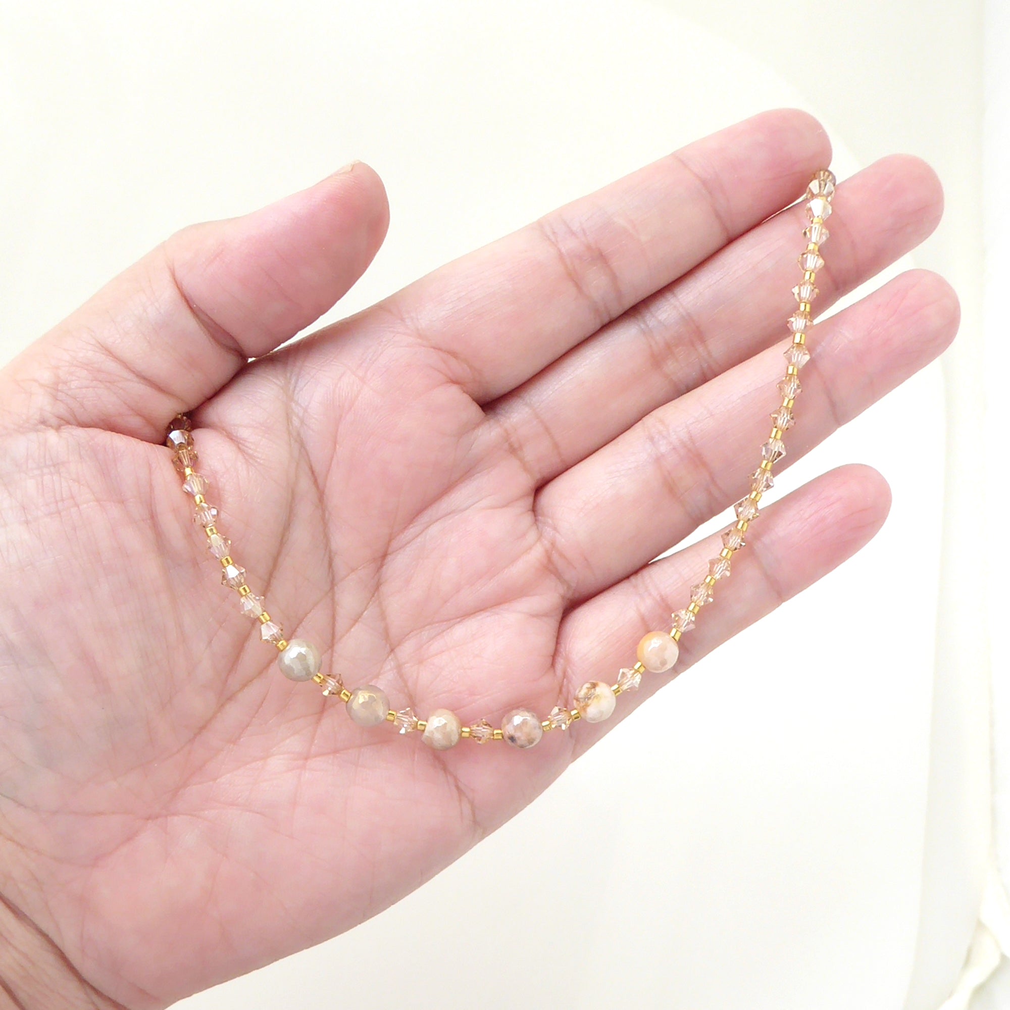 Iridescent peach moonstone beaded necklace by Jenny Dayco 8