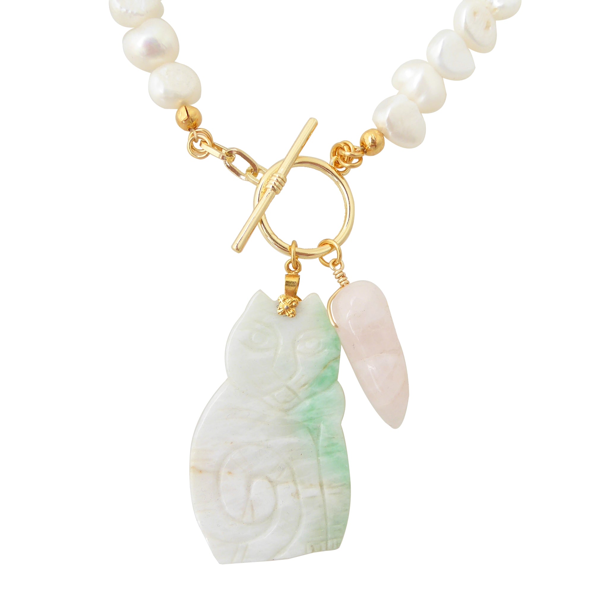 Jade cat and rose quartz claw pearl necklace by Jenny Dayco 1