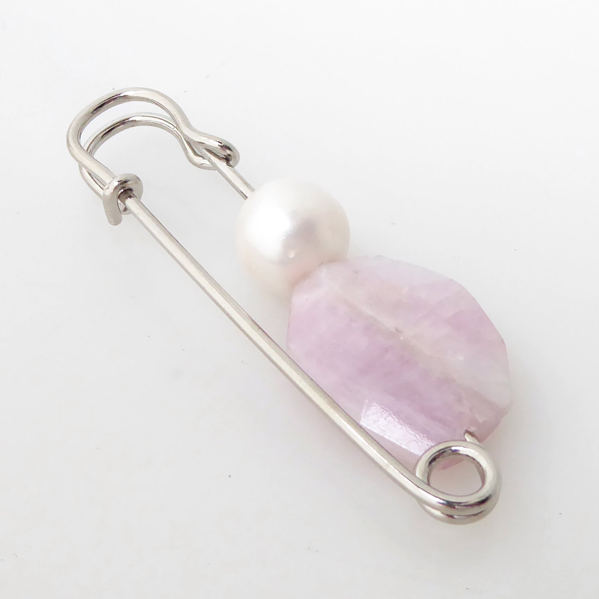 Kunzite and pearl safety pin brooch by Jenny Dayco 2