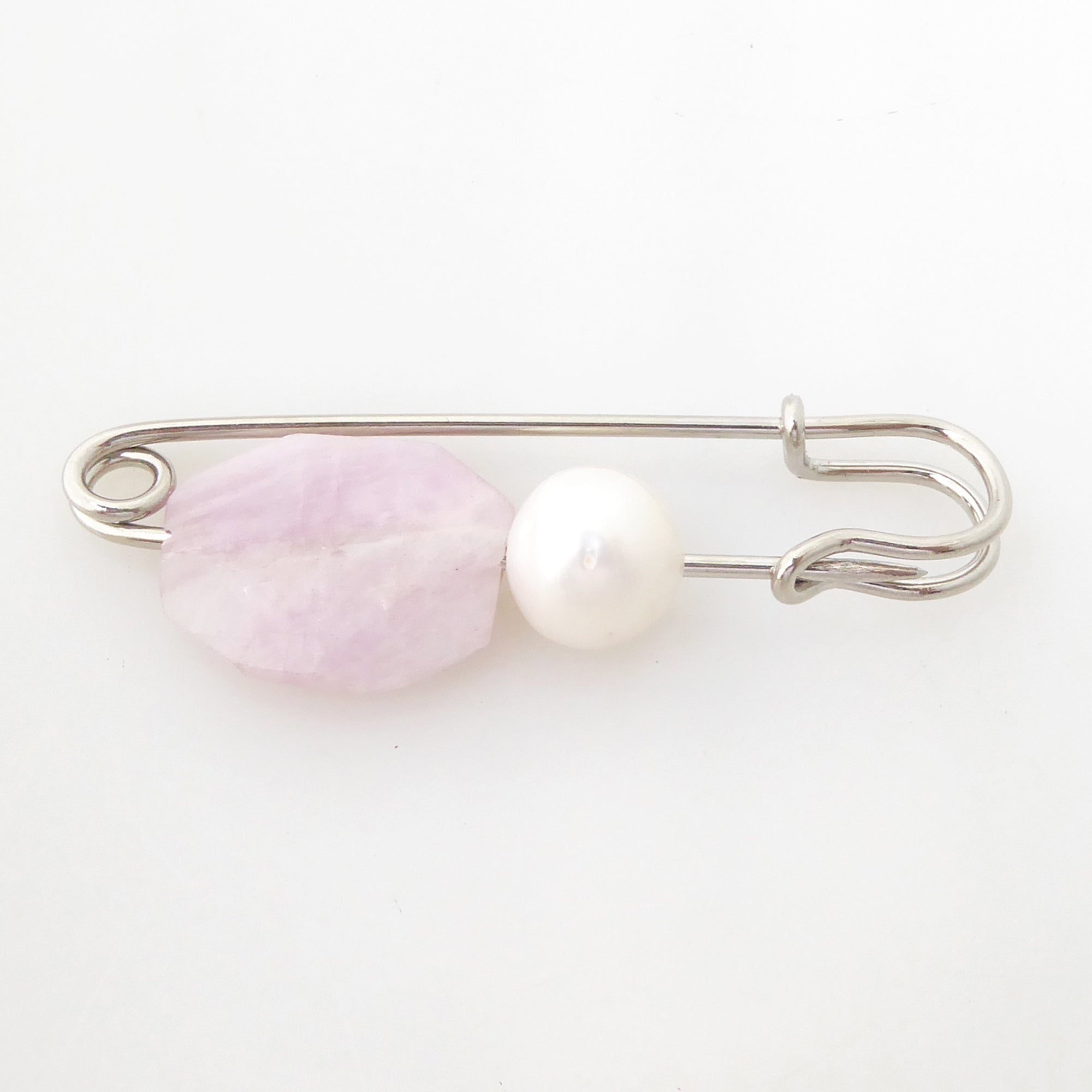 Kunzite and pearl safety pin brooch by Jenny Dayco 4