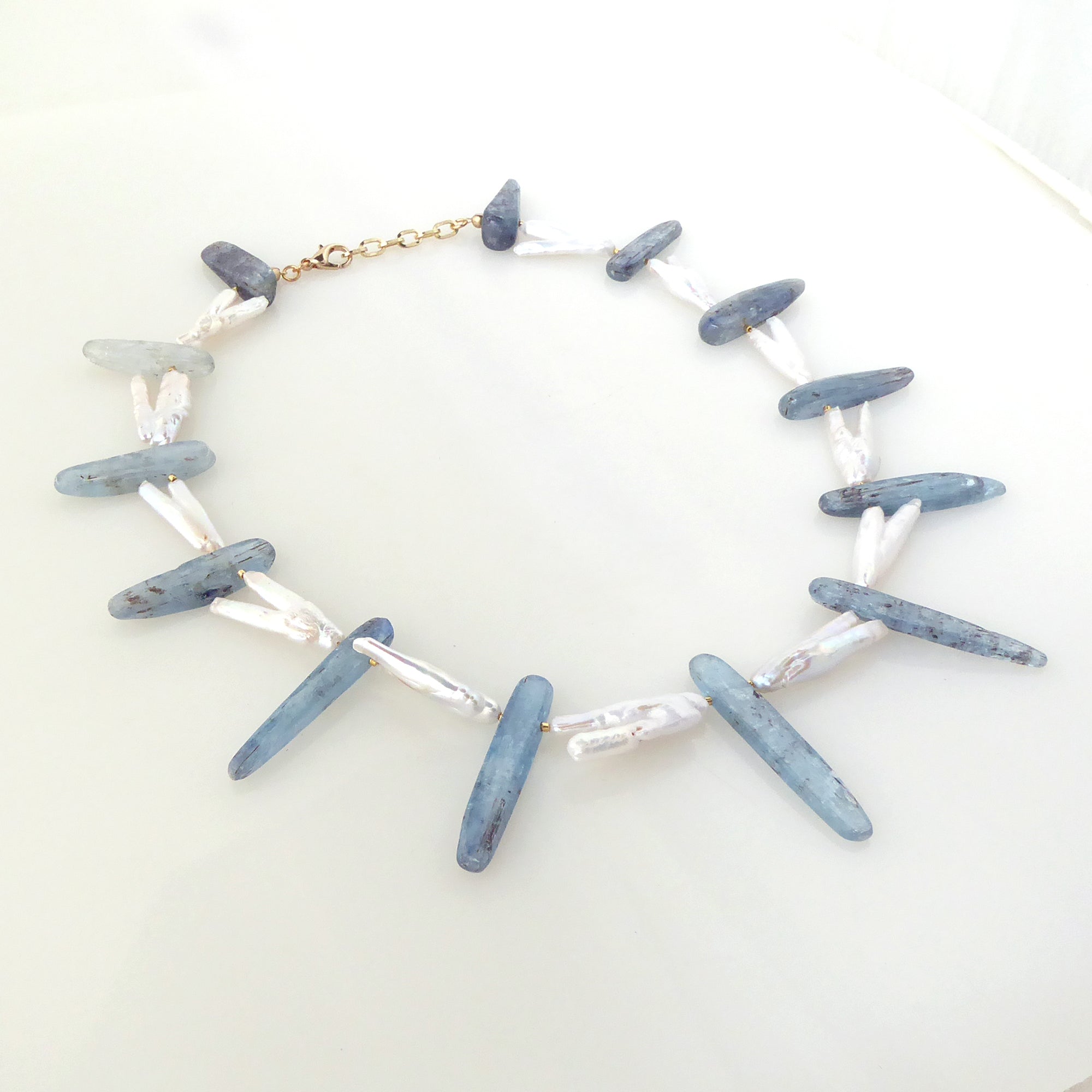 Kyanite and pearl pants collar necklace by Jenny Dayco 2