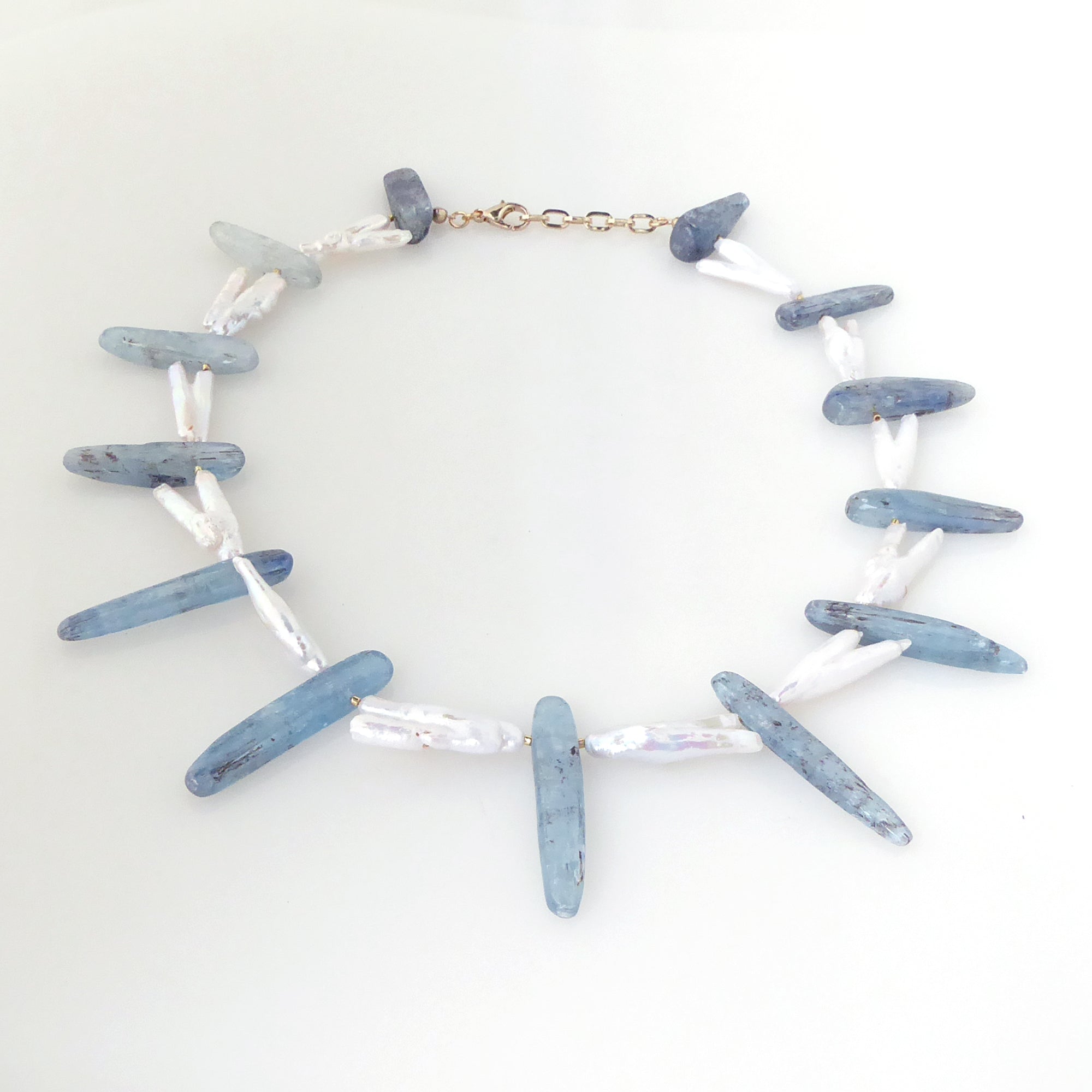 Kyanite and pearl pants collar necklace by Jenny Dayco 3