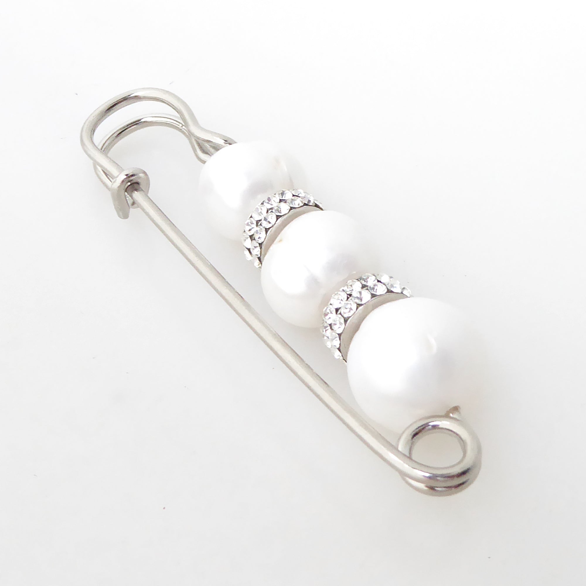 Large pearl and rhinestone safety pin brooch by Jenny Dayco 2
