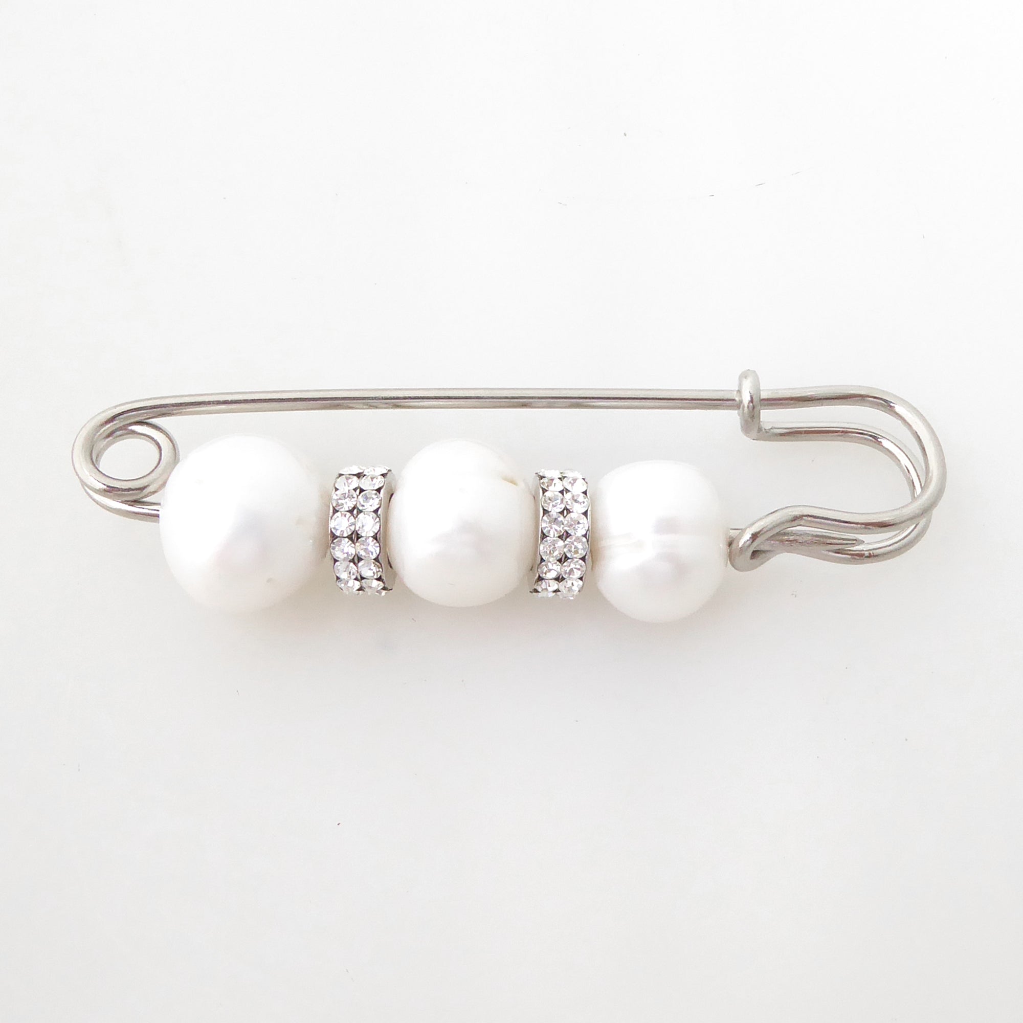 Large pearl and rhinestone safety pin brooch by Jenny Dayco 4