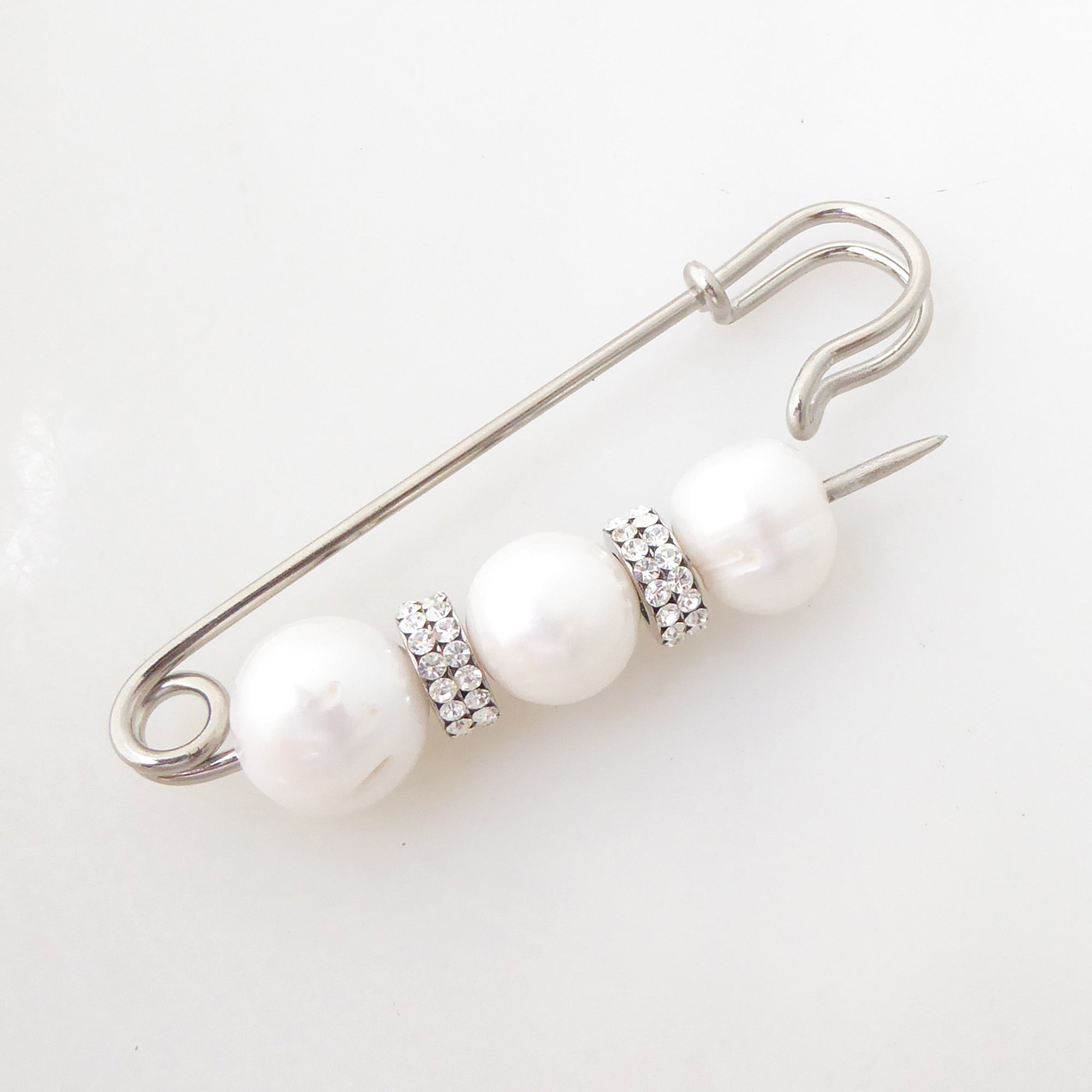Large pearl and rhinestone safety pin brooch by Jenny Dayco 5