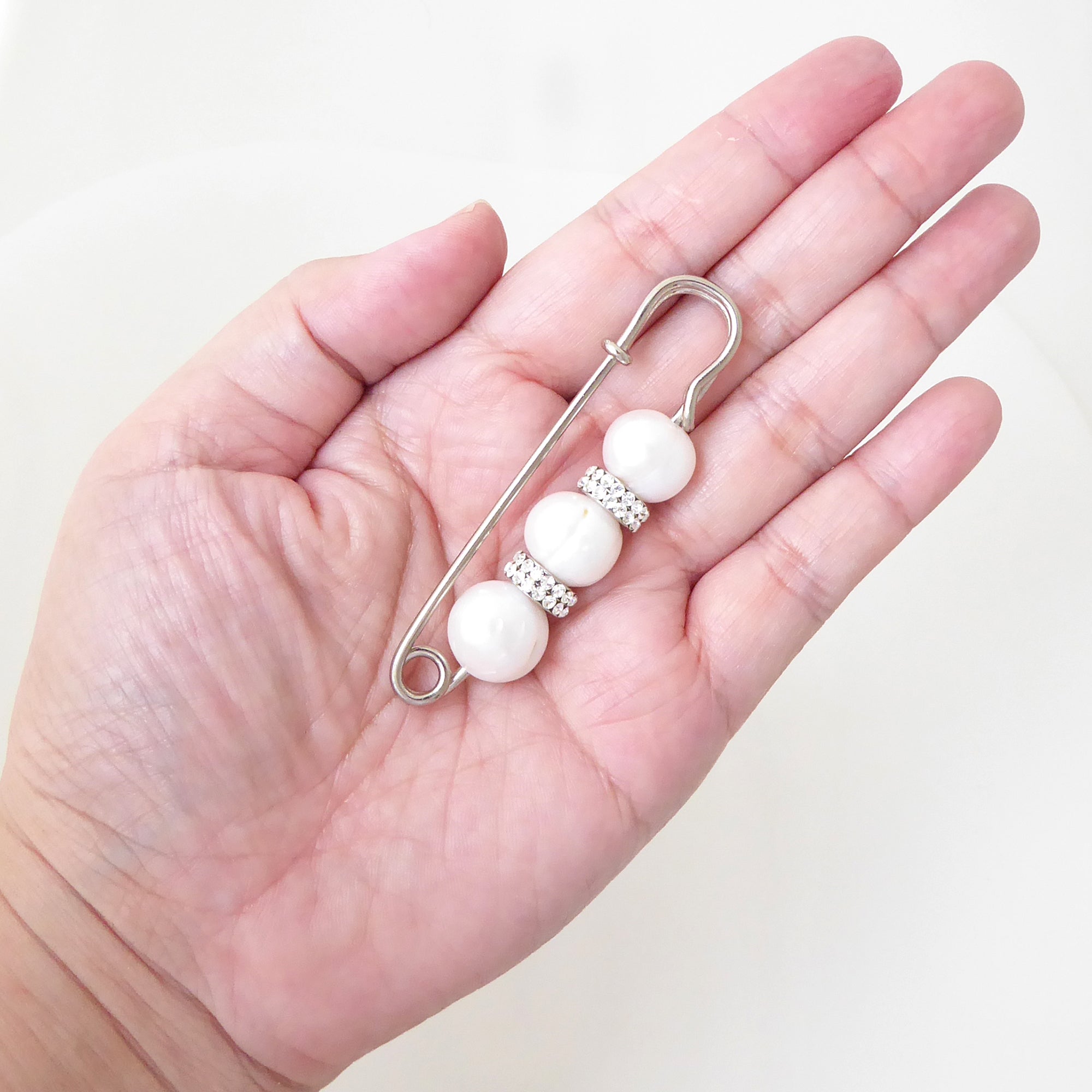 Large pearl and rhinestone safety pin brooch by Jenny Dayco 6