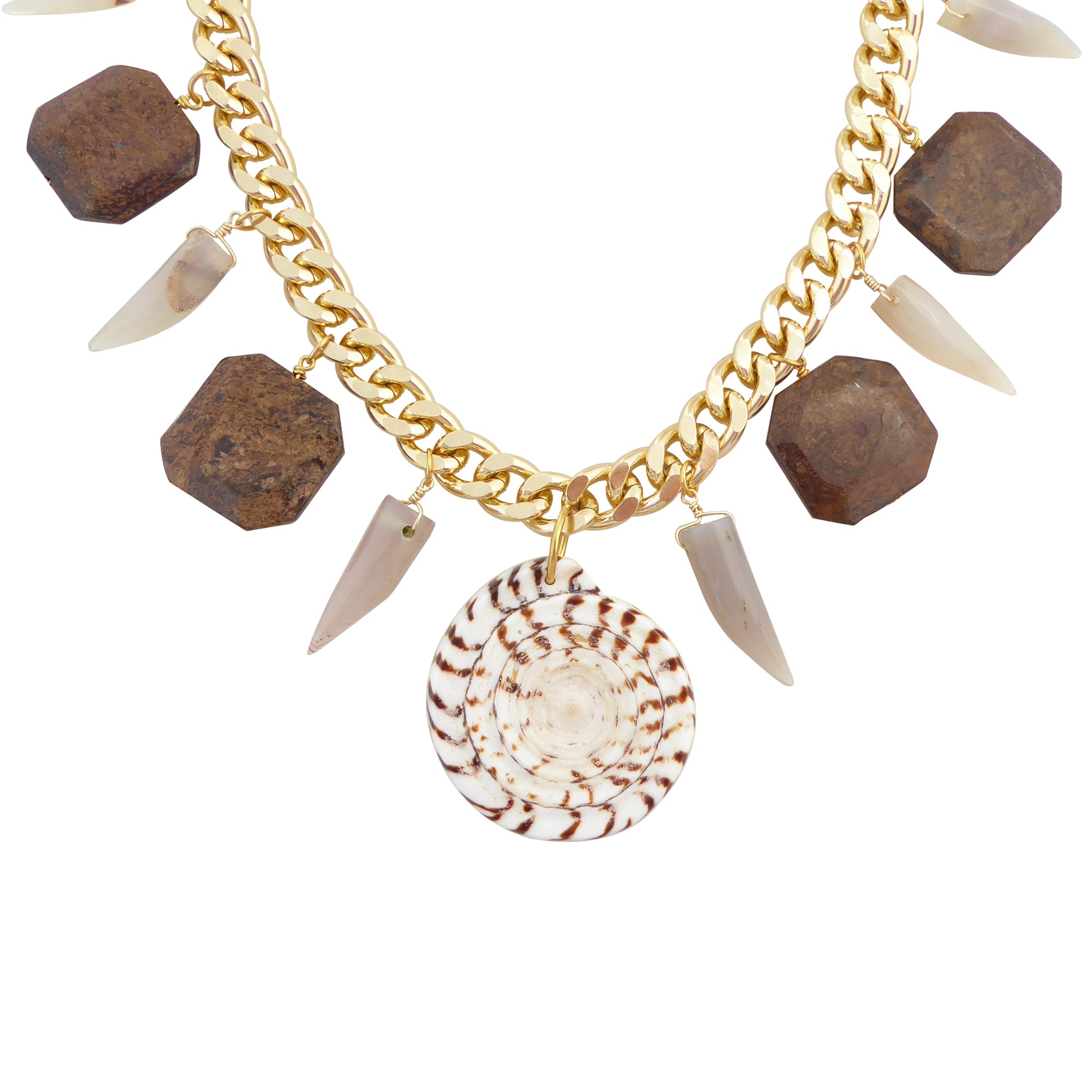 Leopard cone shell and bronzite necklace by Jenny Dayco 1