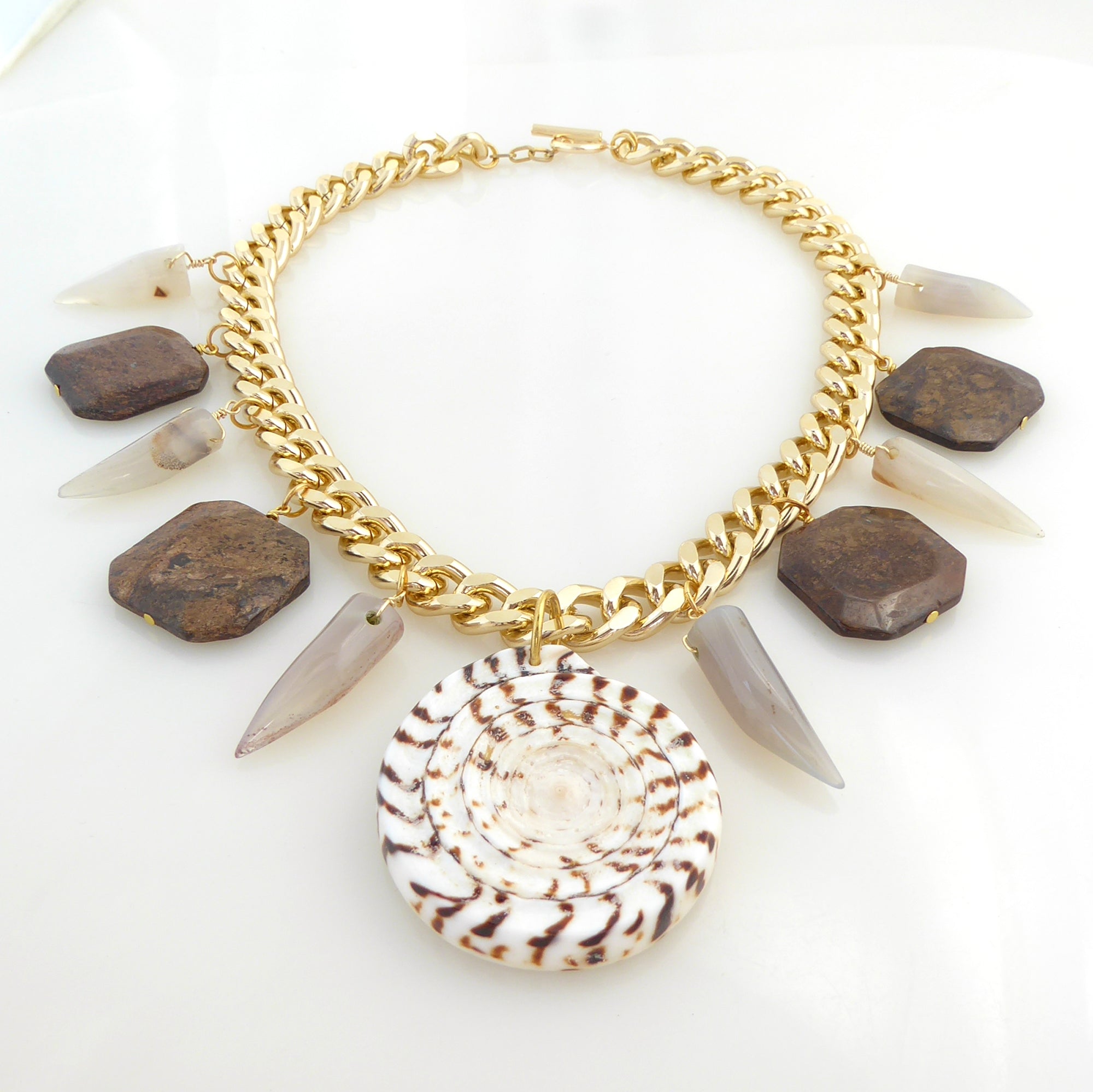 Leopard cone shell and bronzite necklace by Jenny Dayco 3