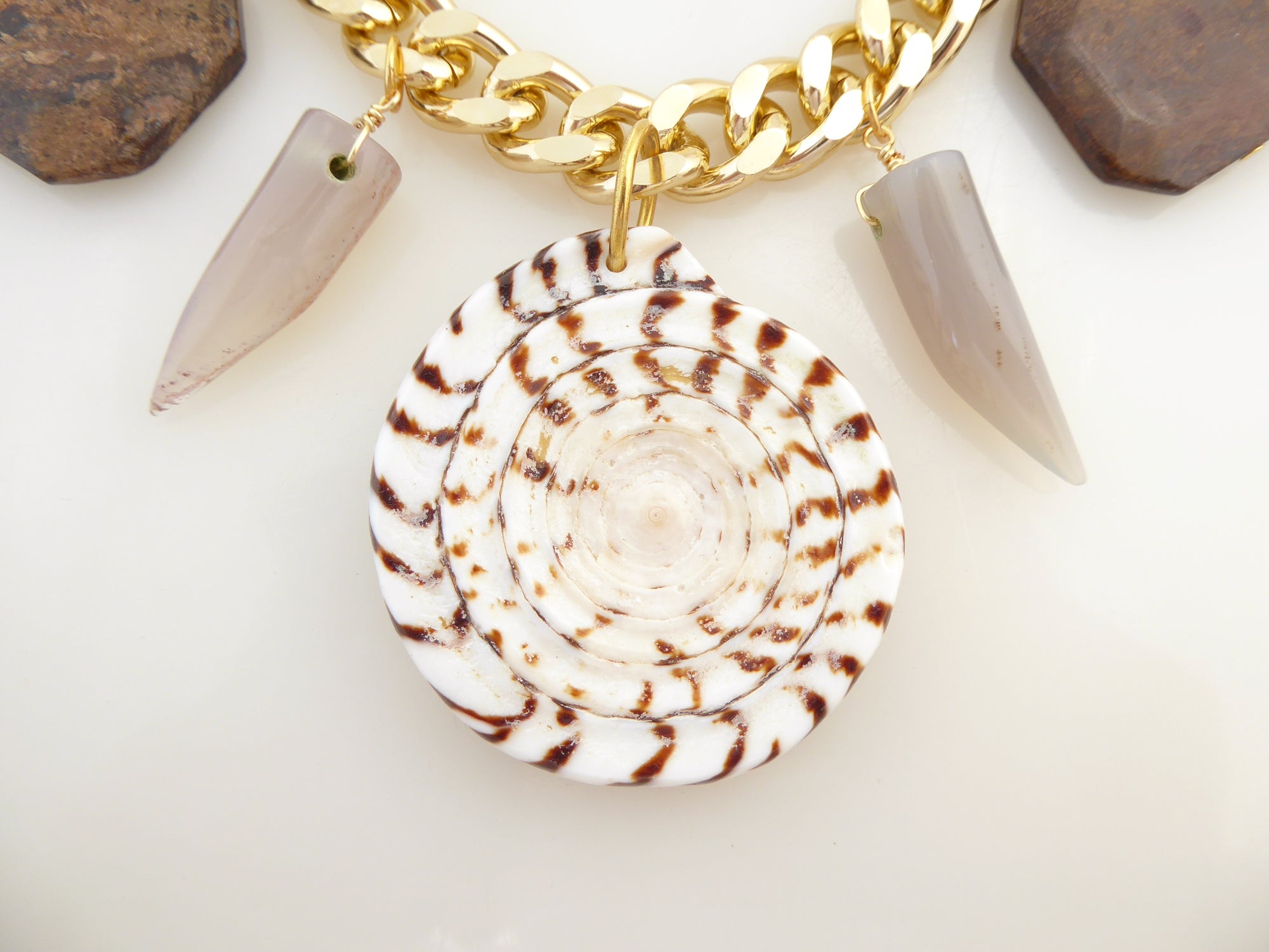 Leopard cone shell and bronzite necklace by Jenny Dayco 4