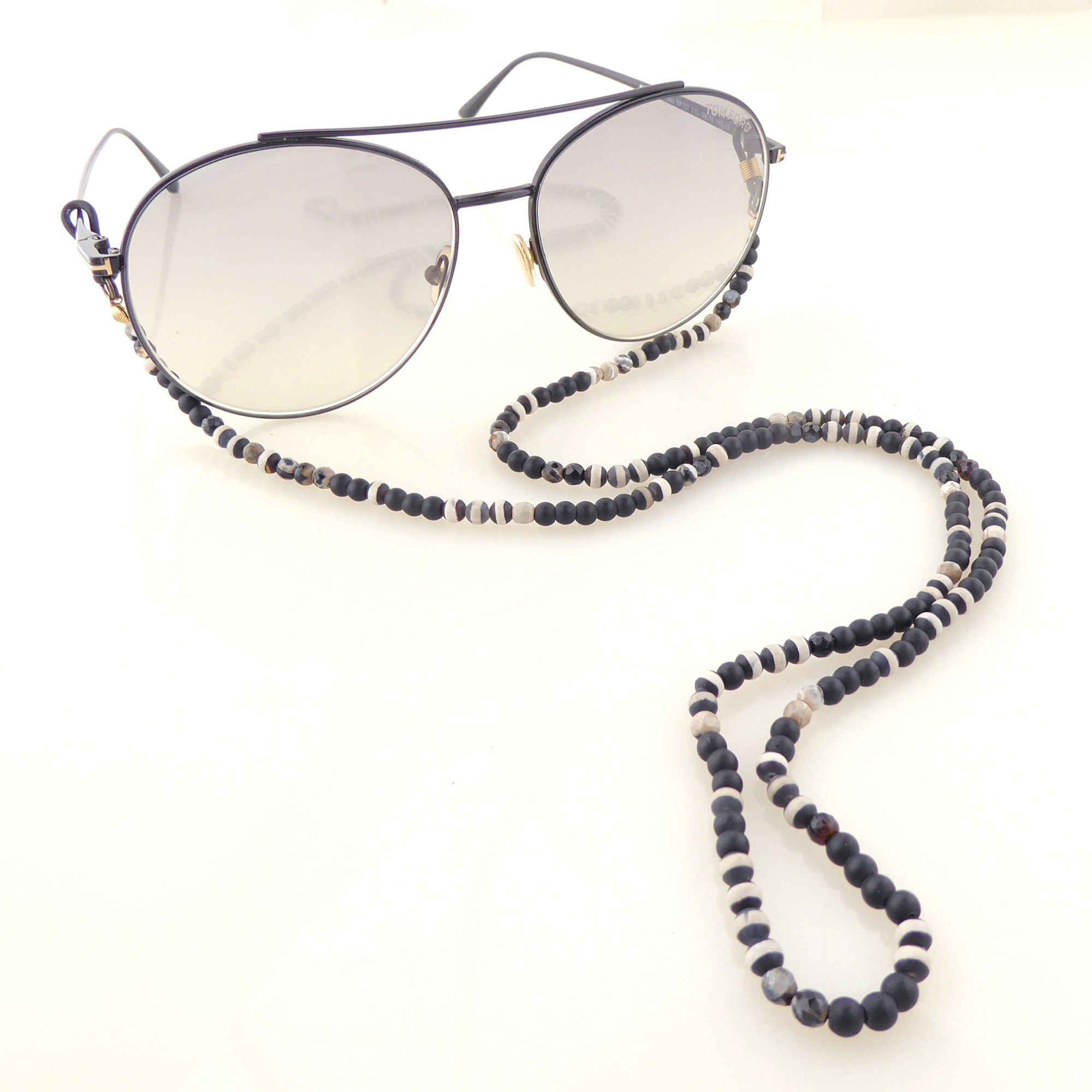 Matte black onyx striped beaded eyeglass chain holder by Jenny Dayco 4