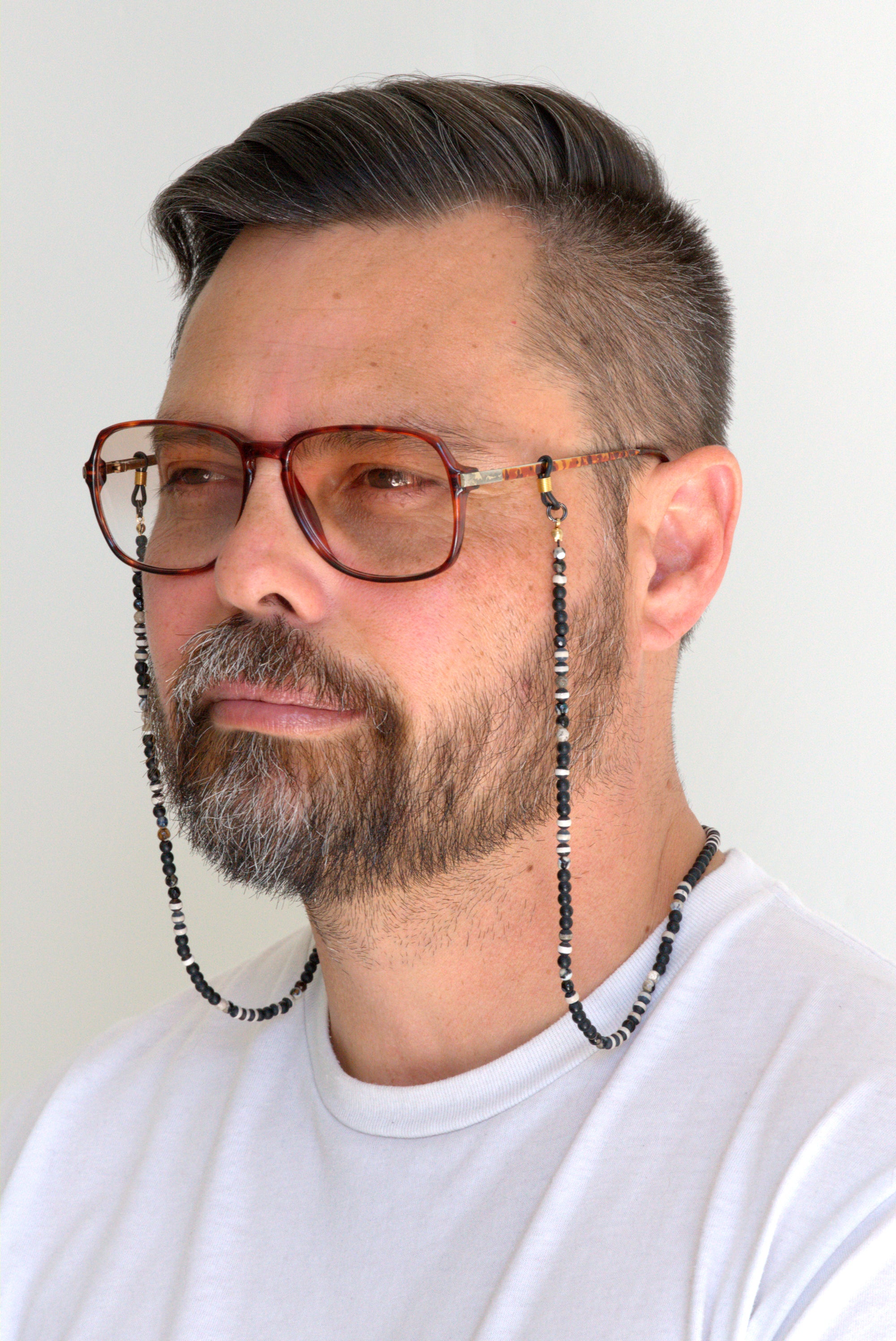 Matte black onyx striped beaded eyeglass chain holder by Jenny Dayco 6