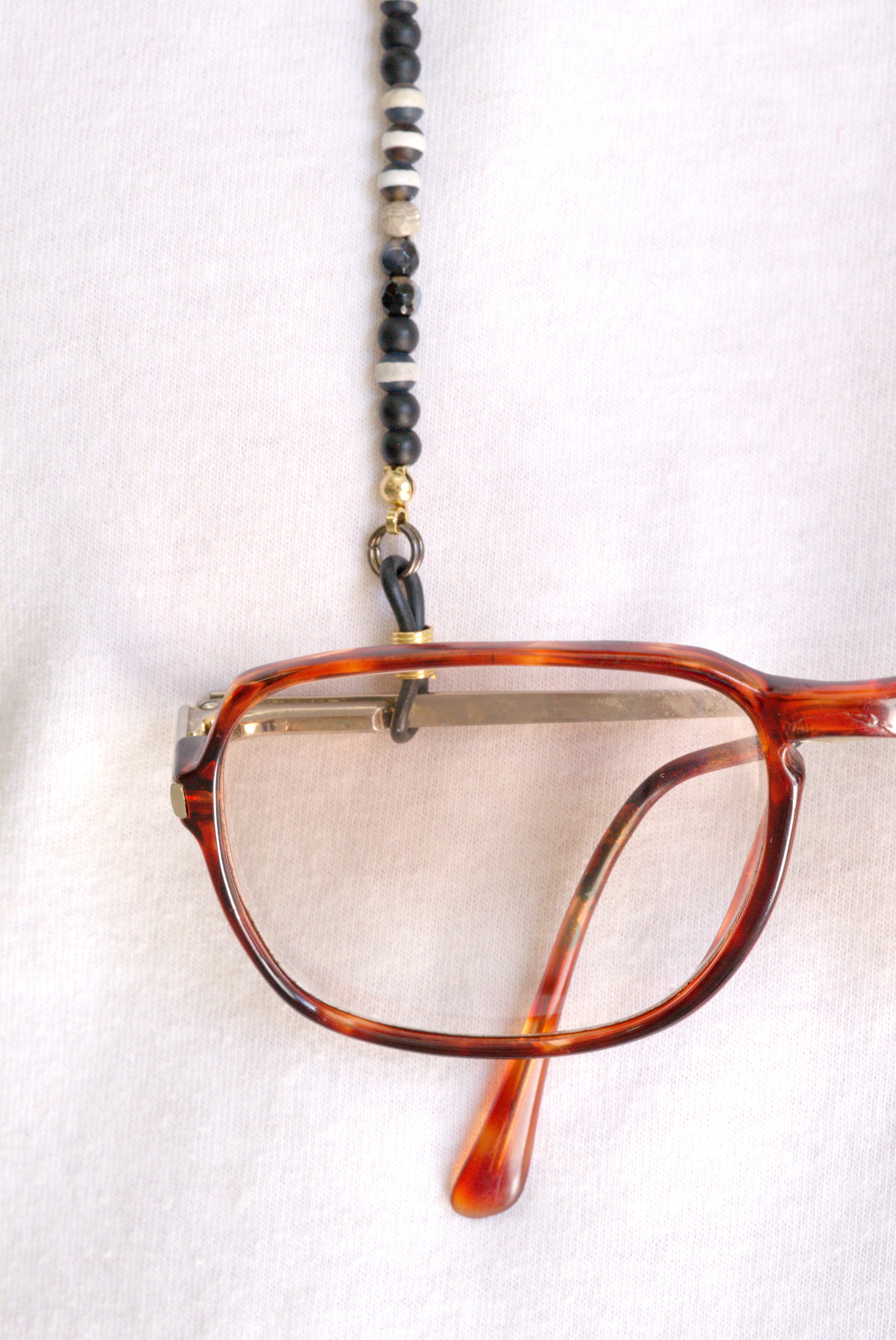 Matte black onyx striped beaded eyeglass chain holder by Jenny Dayco 9