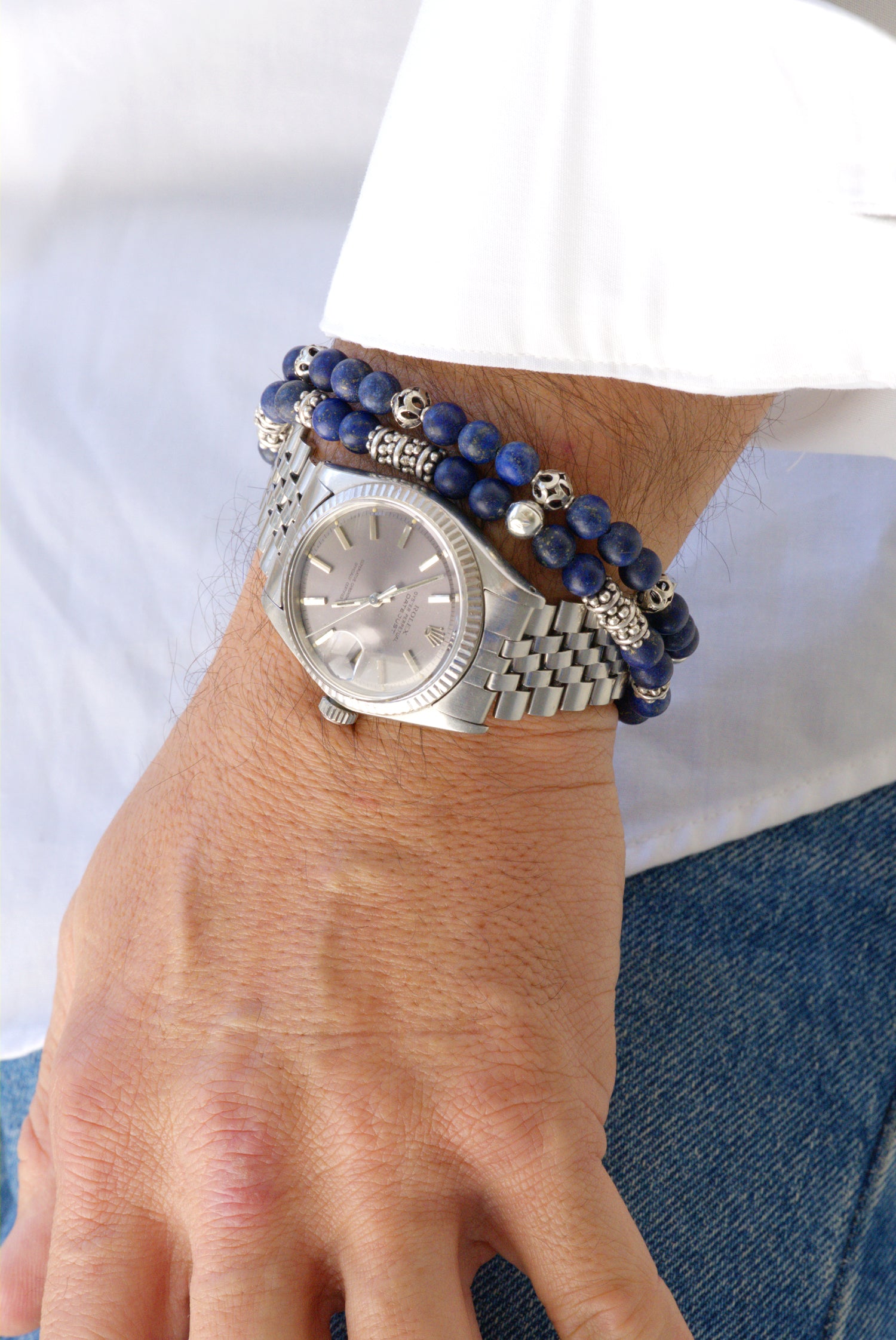 Matte lapis lazuli and sterling silver bracelet set by Jenny Dayco 7