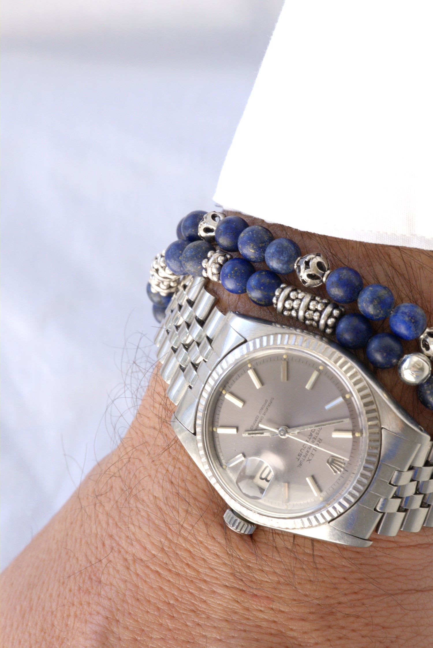 Matte lapis lazuli and sterling silver bracelet set by Jenny Dayco 8