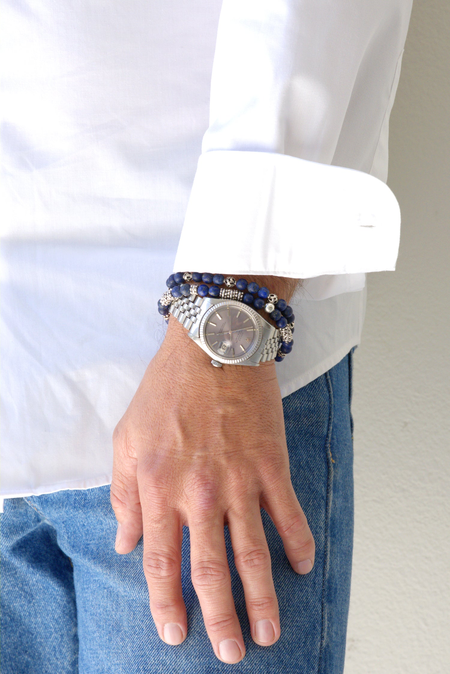 Matte lapis lazuli and sterling silver bracelet set by Jenny Dayco 9