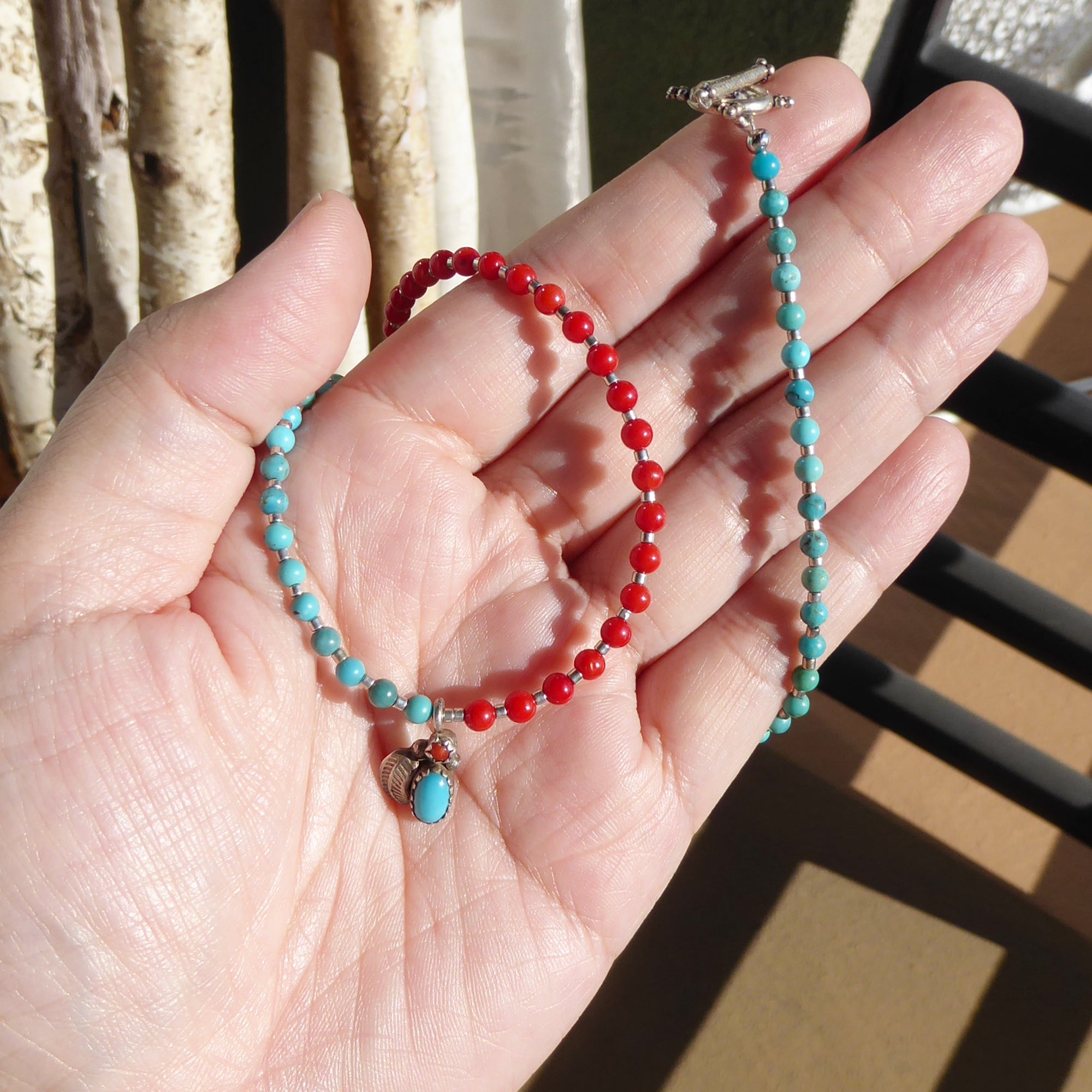 Mini turquoise and coral pendant necklace by Jenny Dayco 9