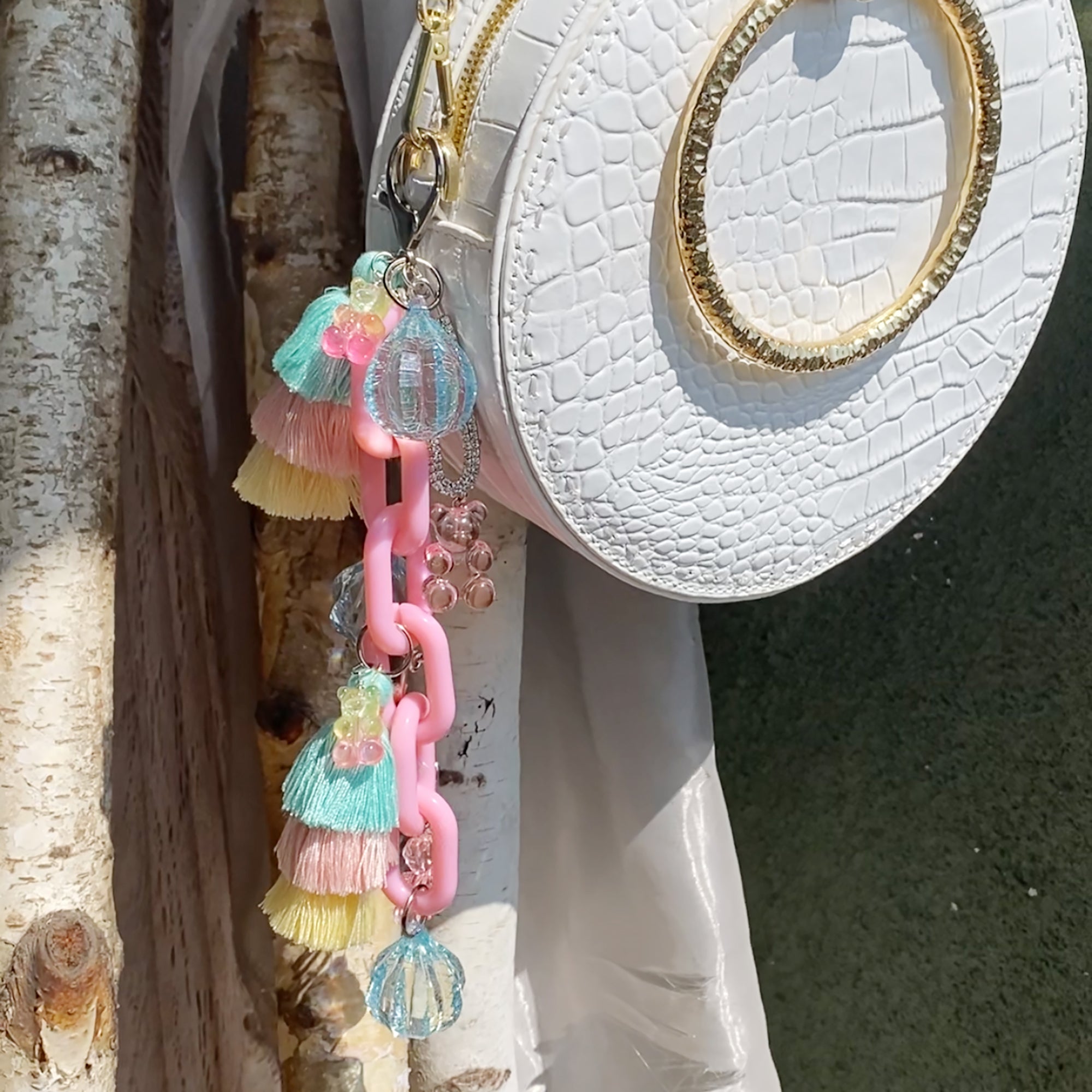 Pastel pink chain gummy bear bag charm by Jenny Dayco 5