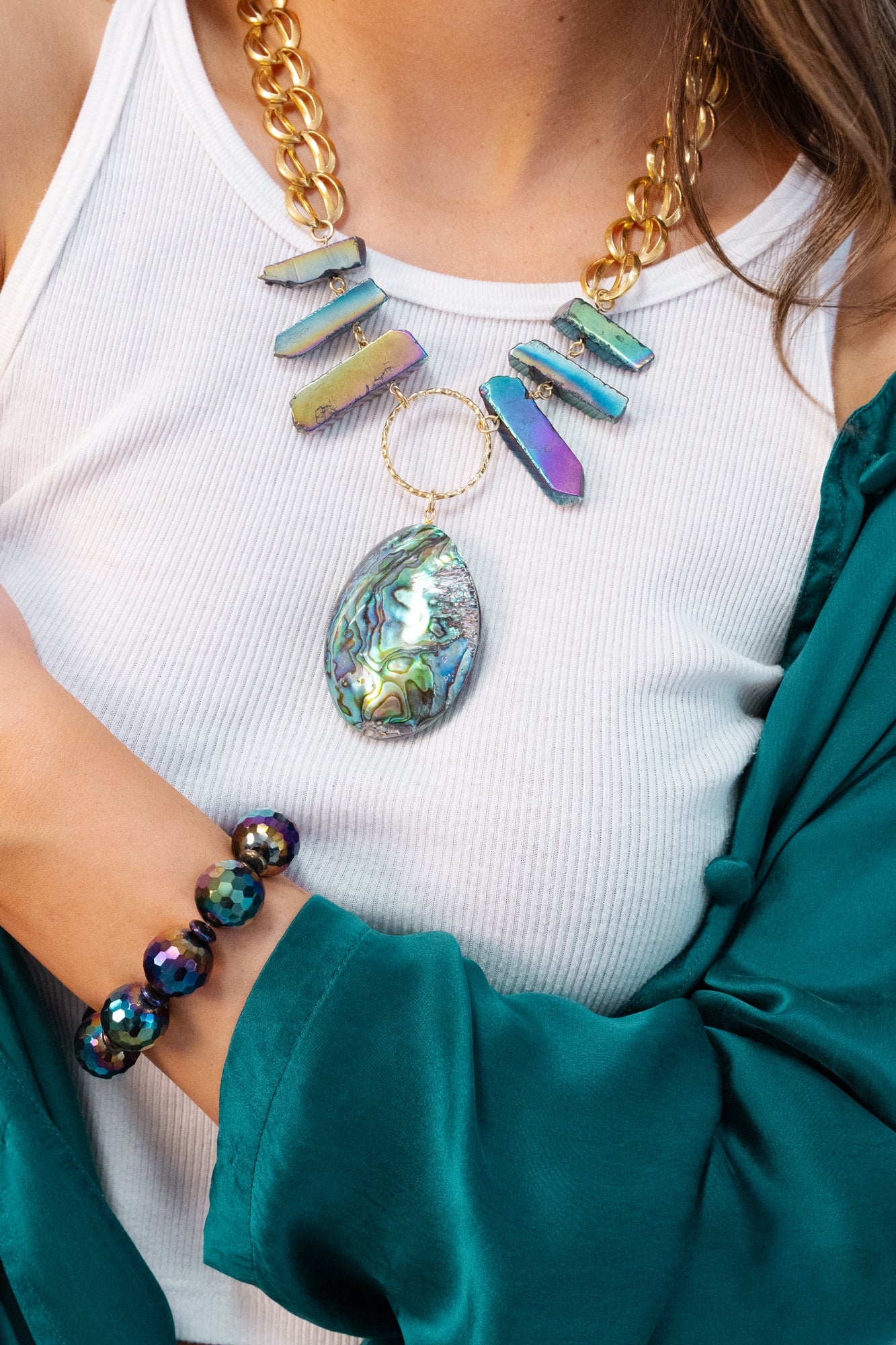 Paua shell necklace and dark iridescent kimoyo bracelet by Jenny Dayco 2