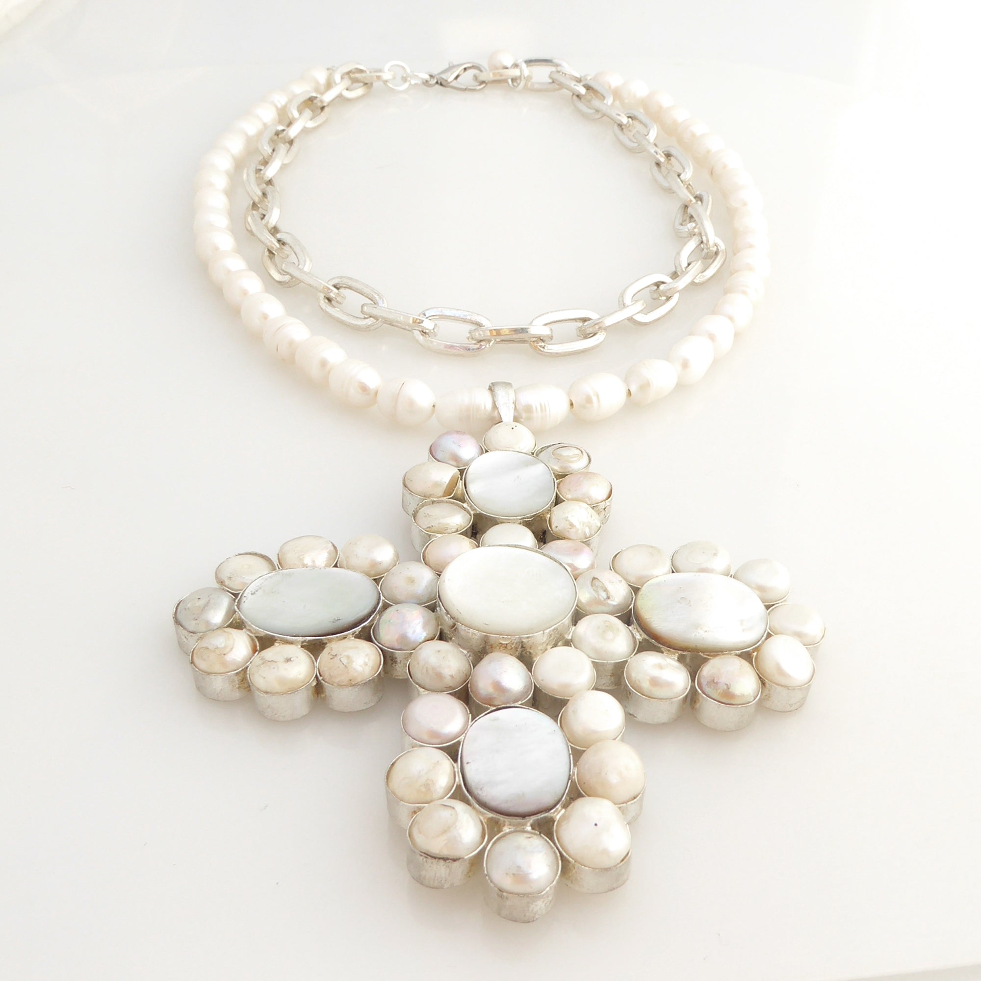 Pearl cross pendant necklace by Jenny Dayco 3