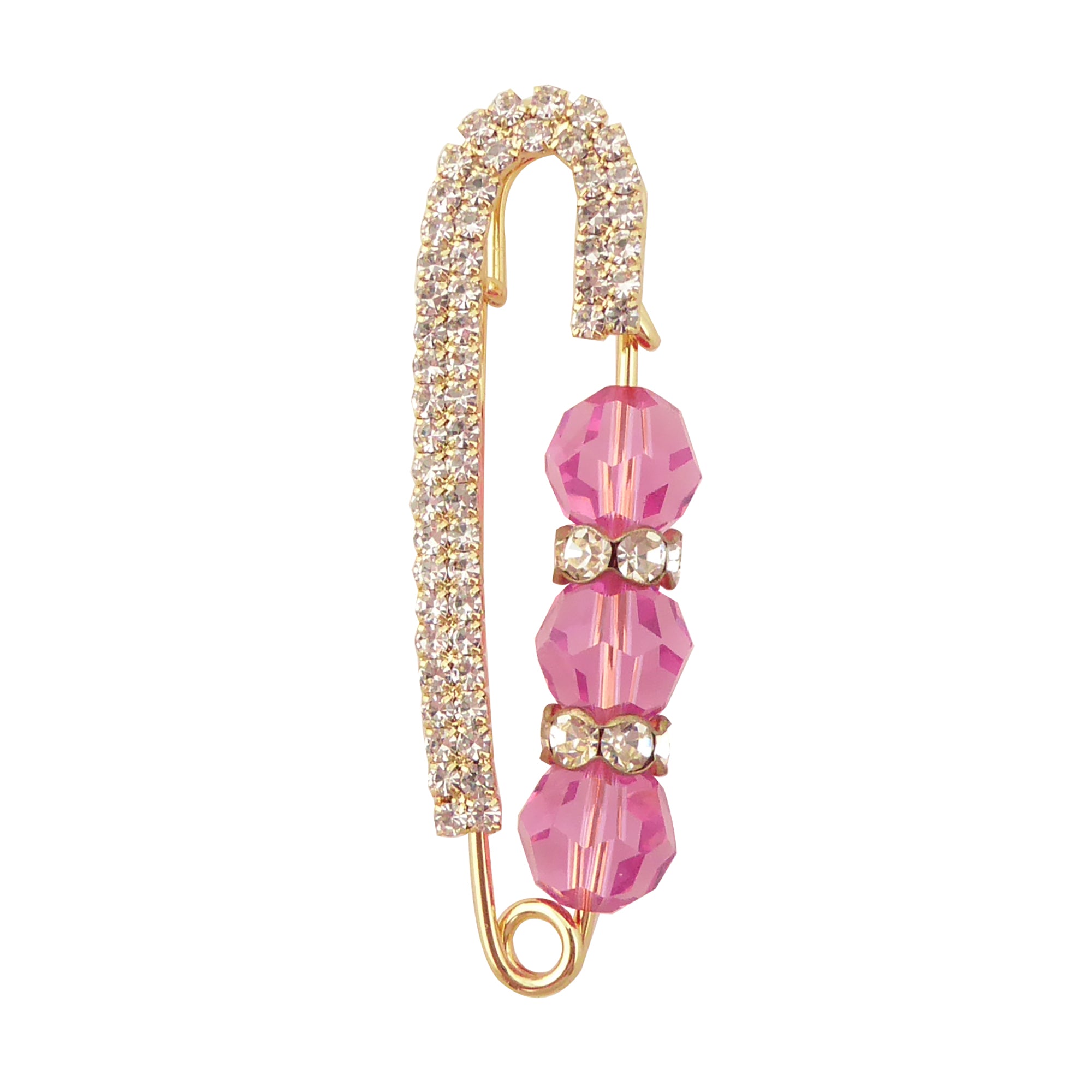 Pink crystal and gold rhinestone safety pin brooch