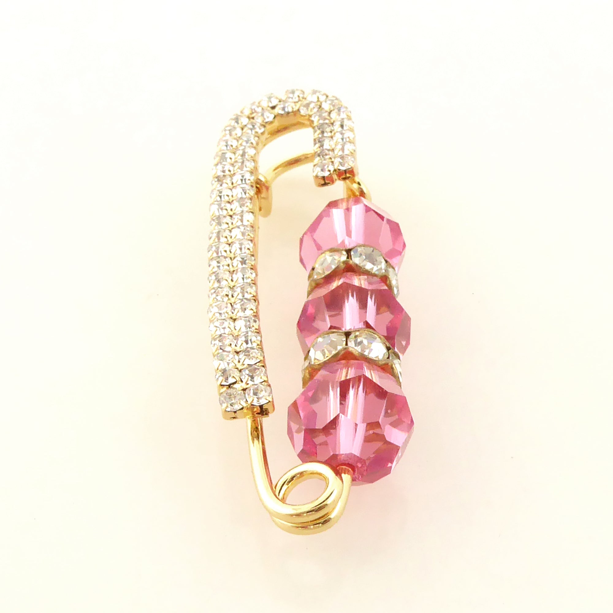 Pink crystal and gold rhinestone safety pin brooch