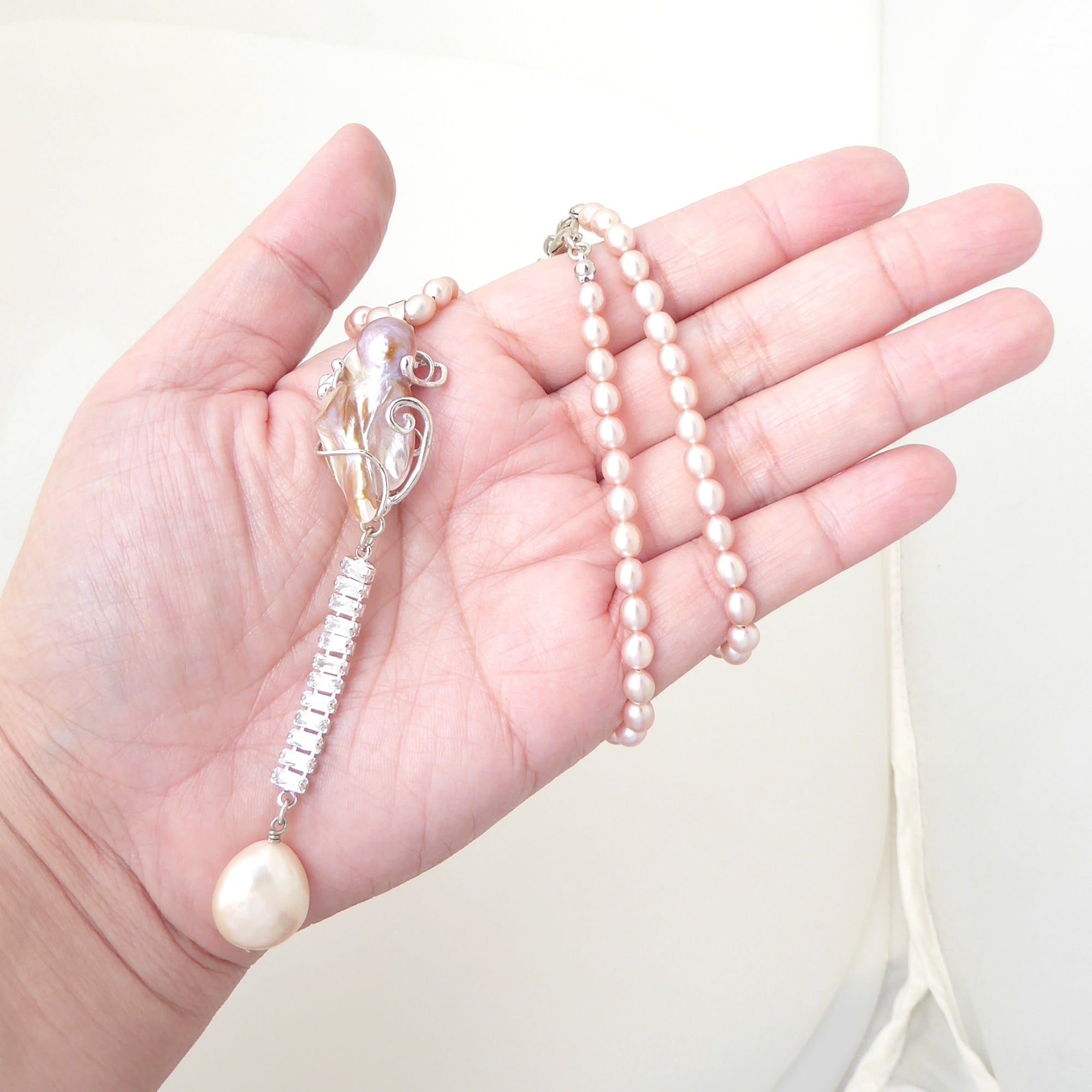 Pink baroque pearl drop necklace by Jenny Dayco 8