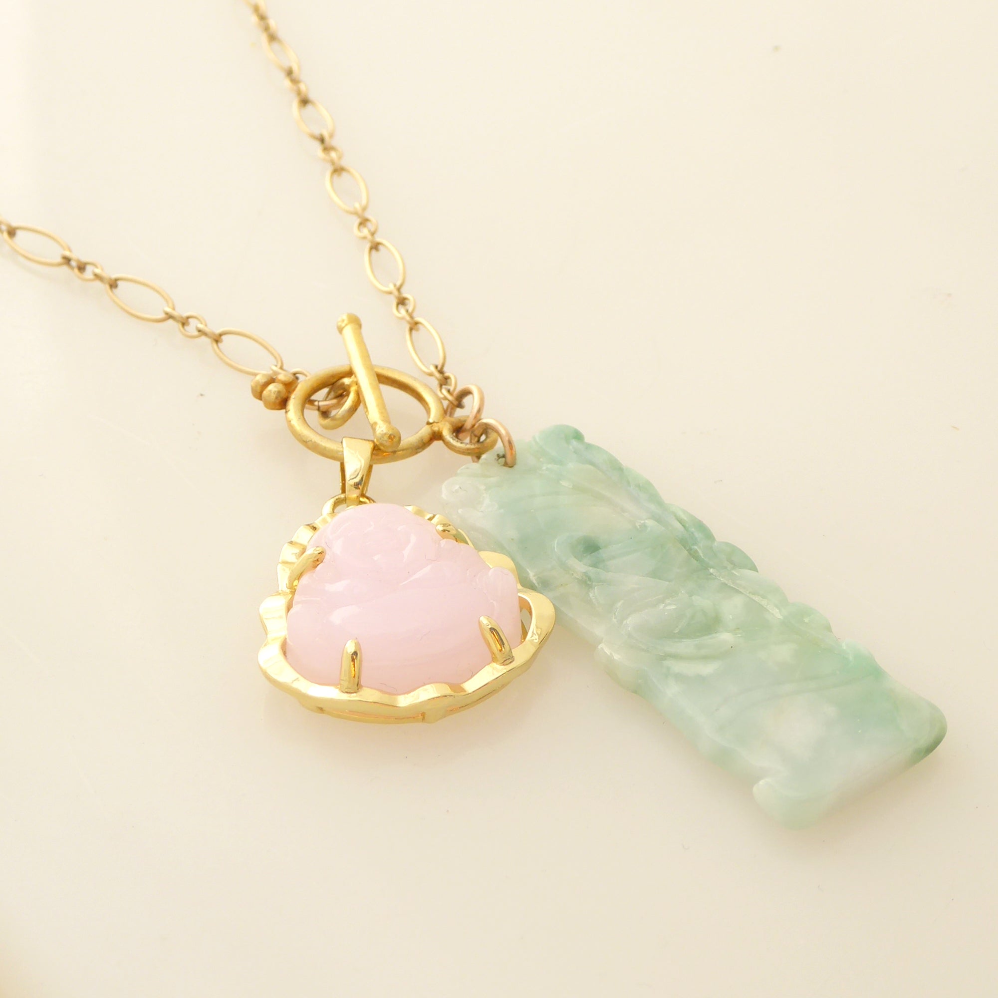 Pink buddha and jade necklace