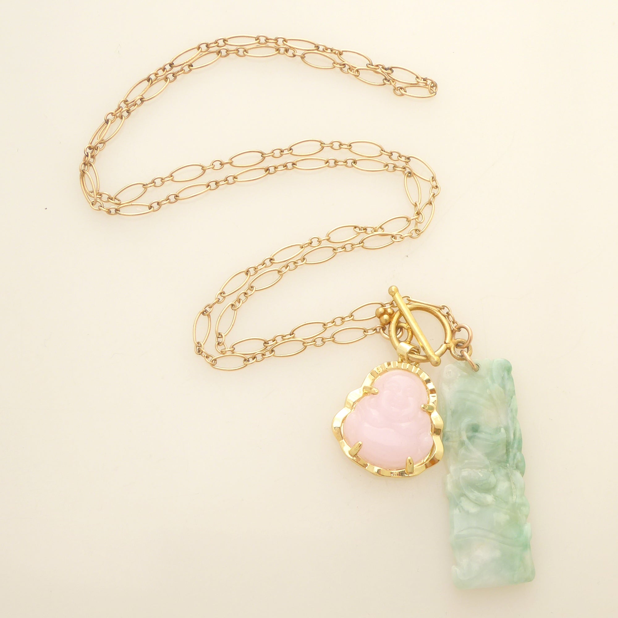 Pink buddha and jade necklace