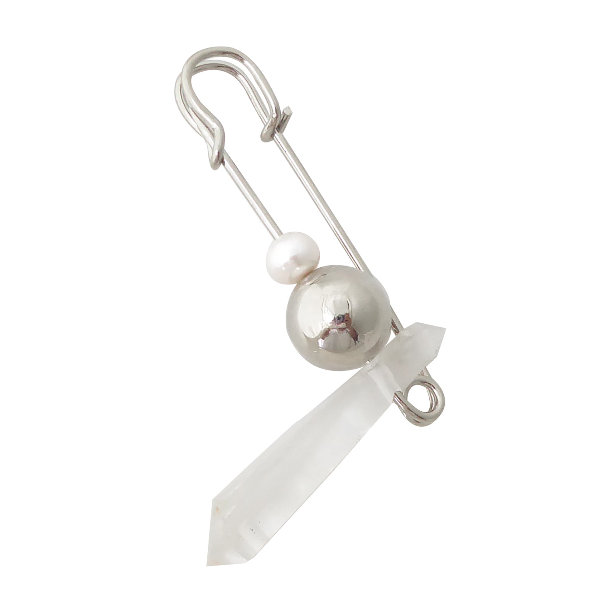 Quartz point and pearl safety pin brooch by Jenny Dayco 1