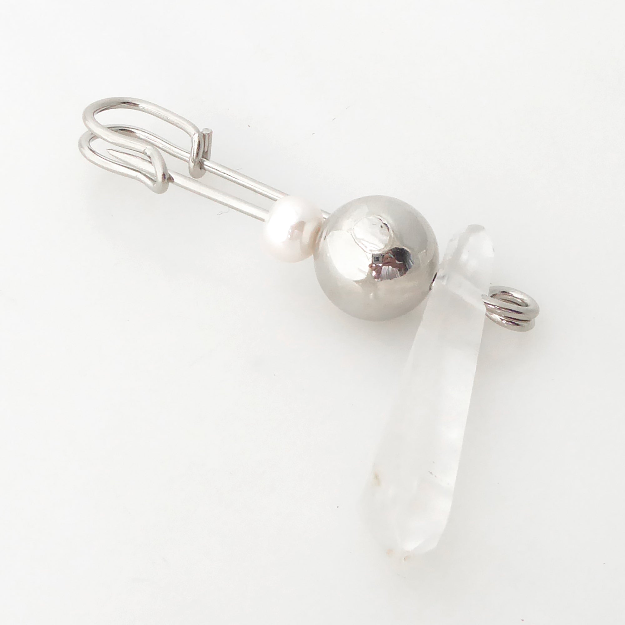 Quartz point and pearl safety pin brooch by Jenny Dayco 2