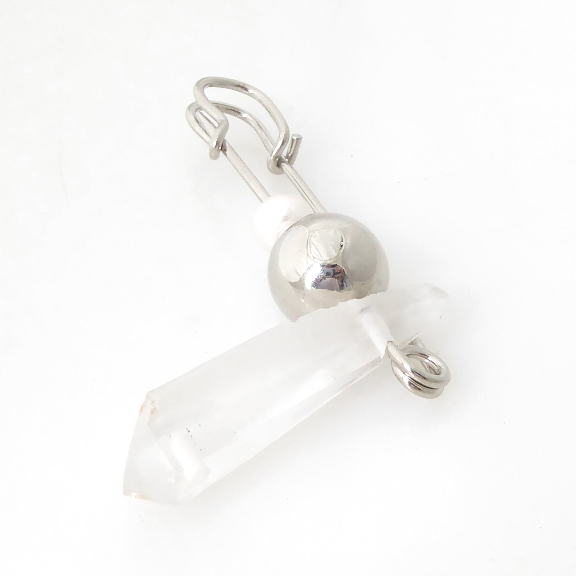 Quartz point and pearl safety pin brooch by Jenny Dayco 3