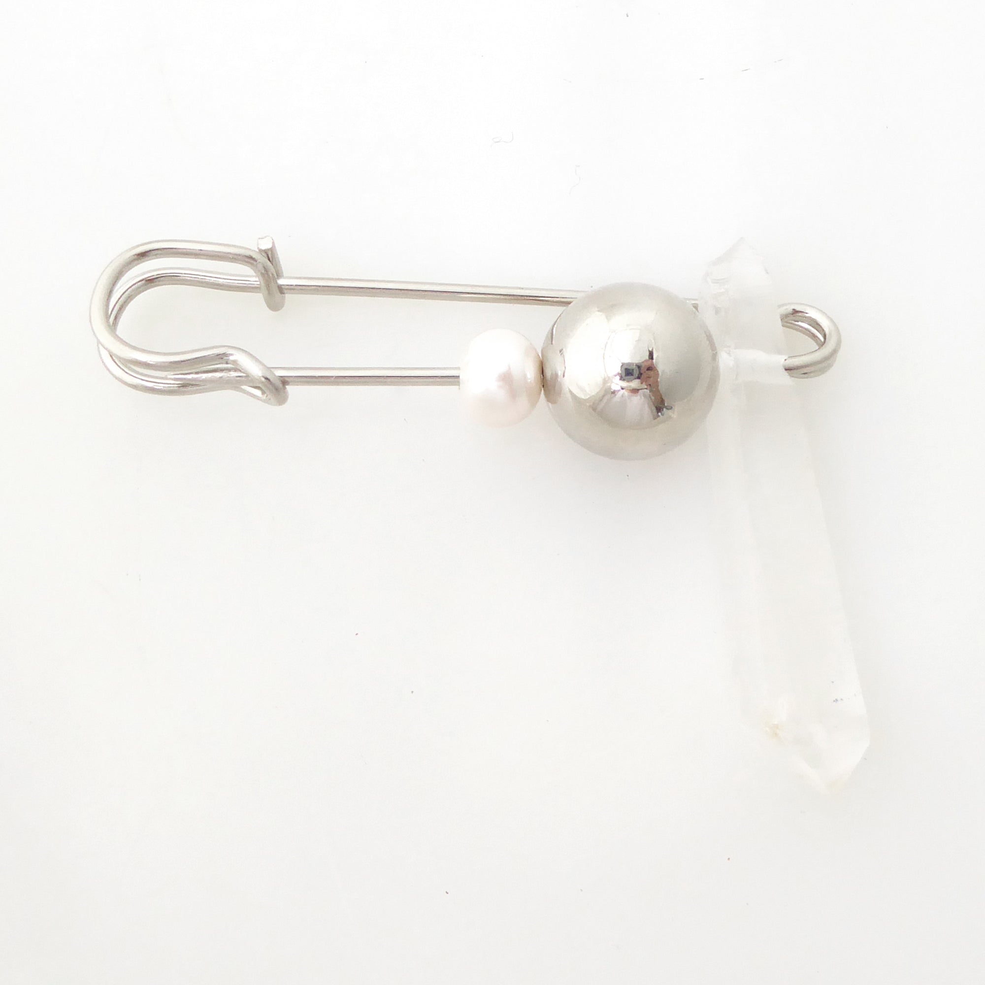 Quartz point and pearl safety pin brooch by Jenny Dayco 5