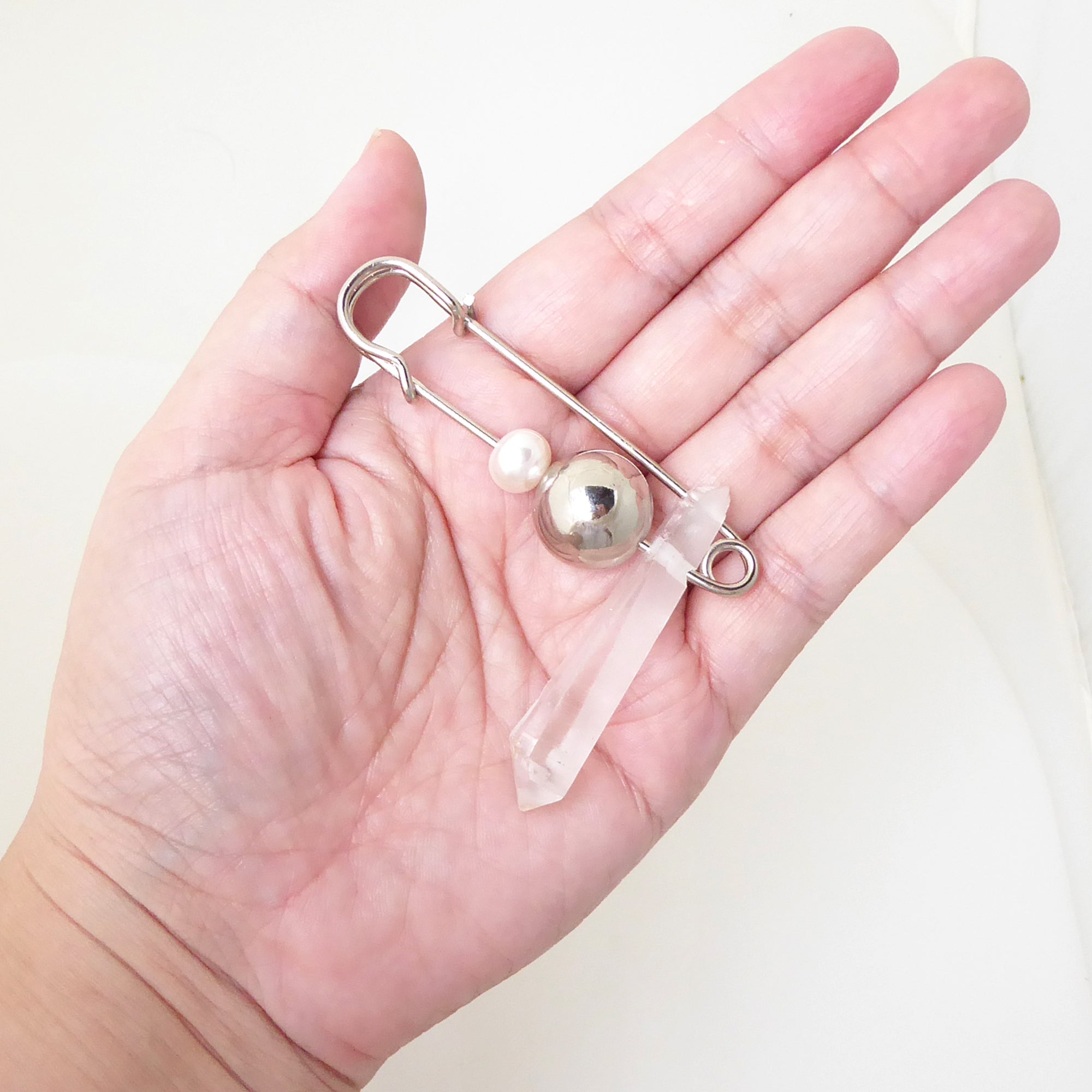 Quartz point and pearl safety pin brooch by Jenny Dayco 6