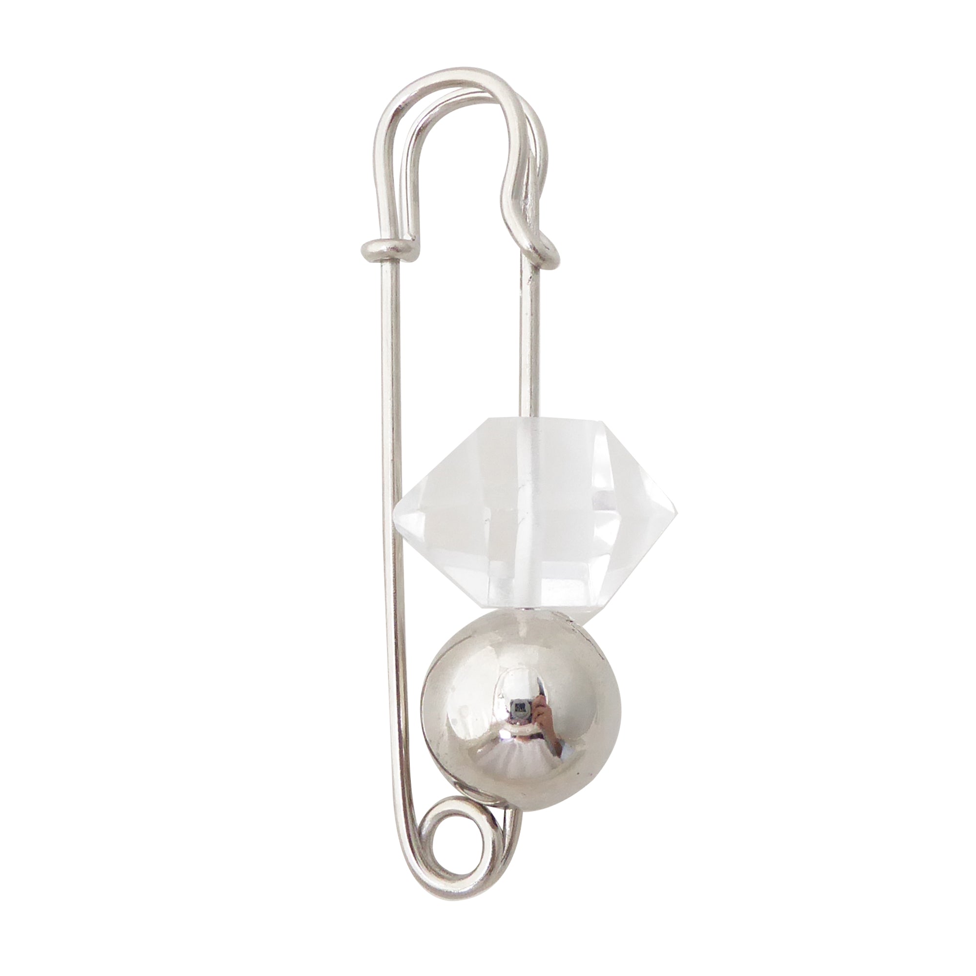 Quartz point and silver ball safety pin brooch by Jenny Dayco 1