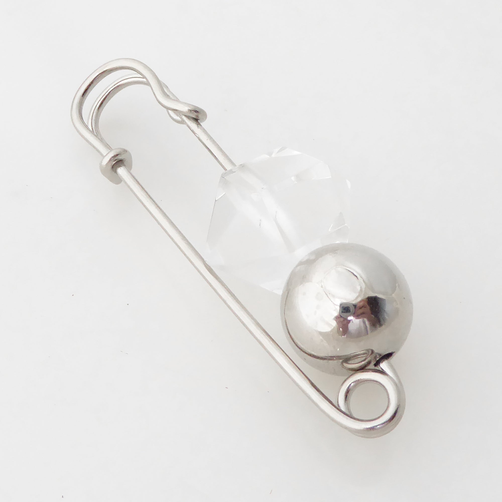 Quartz point and silver ball safety pin brooch by Jenny Dayco 2