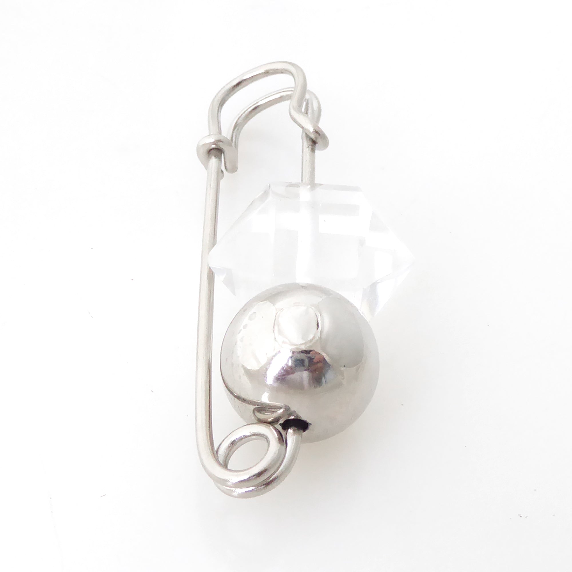 Quartz point and silver ball safety pin brooch by Jenny Dayco 3