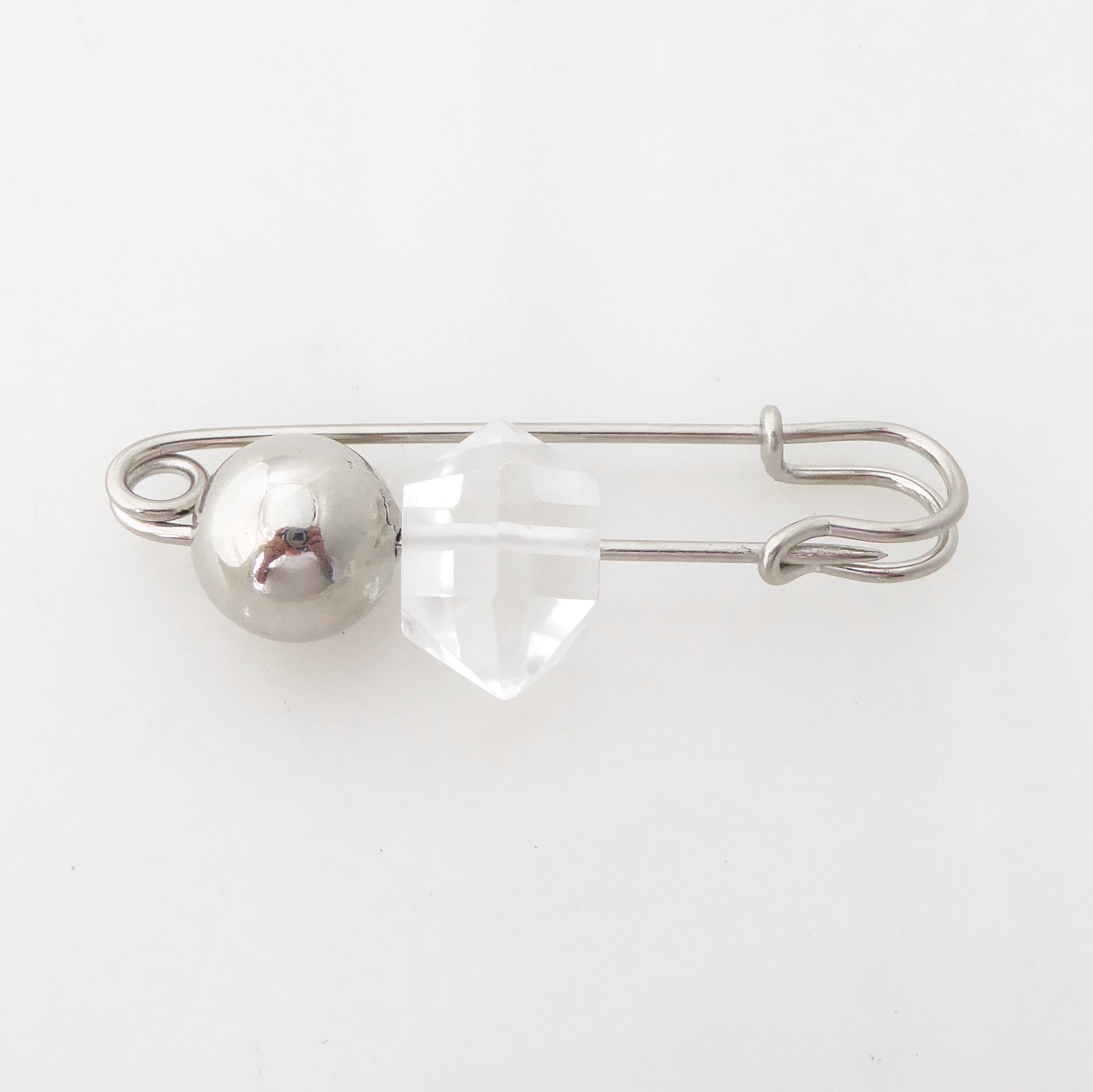 Quartz point and silver ball safety pin brooch by Jenny Dayco 4