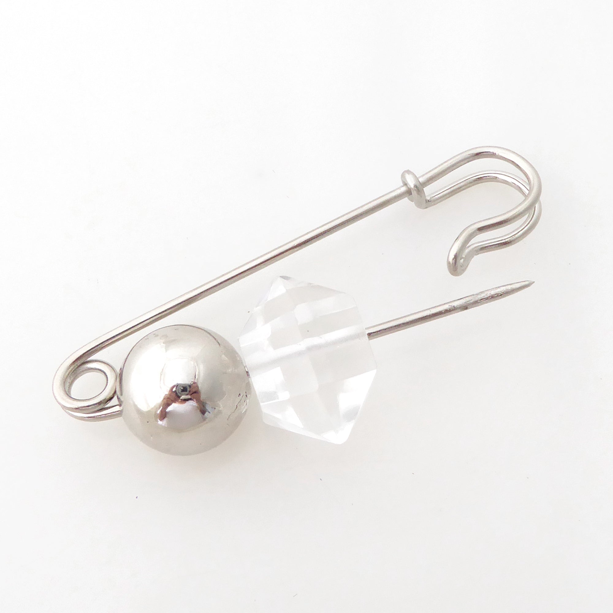Quartz point and silver ball safety pin brooch by Jenny Dayco 5