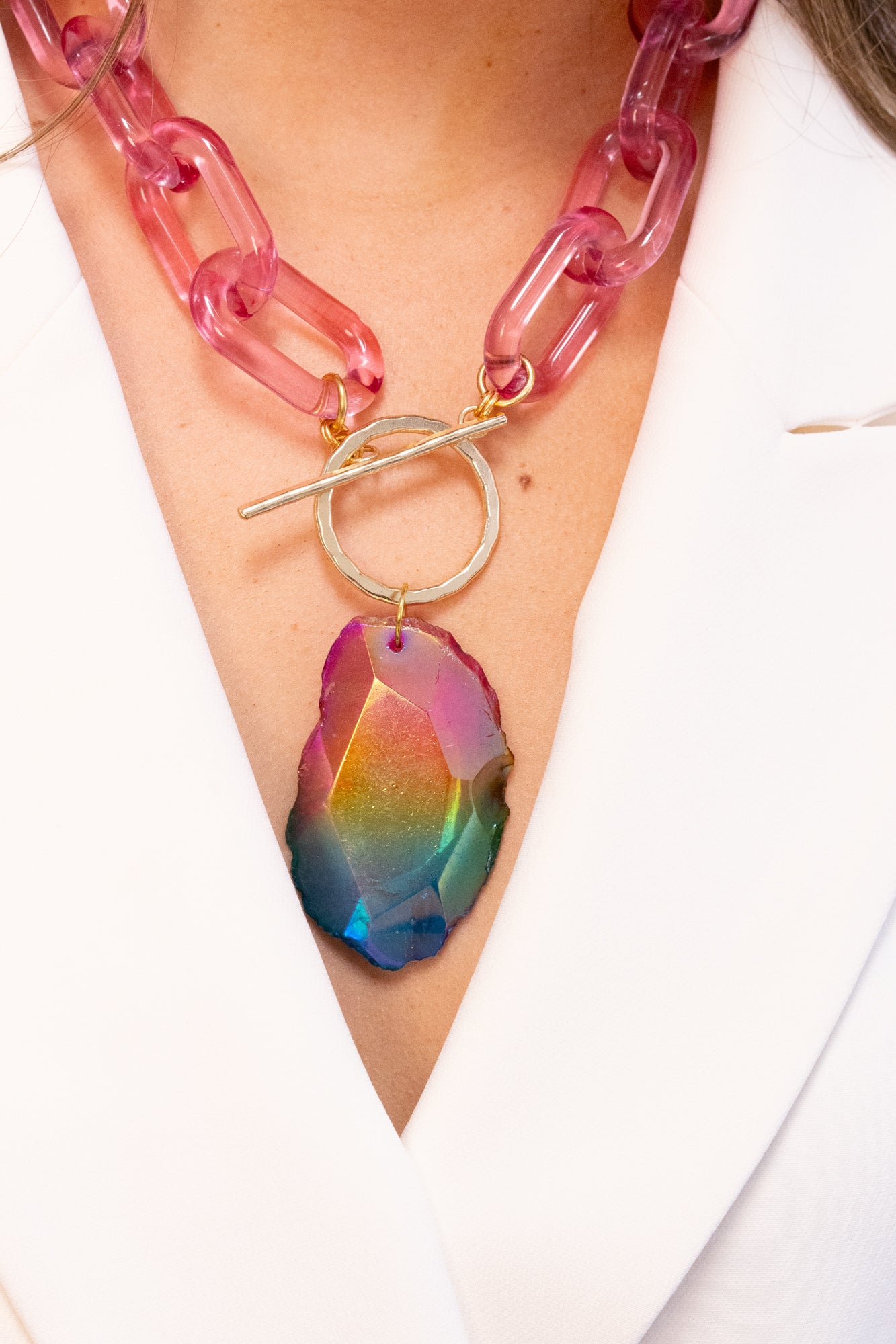 Rainbow agate pendant necklace on model by Jenny Dayco 2