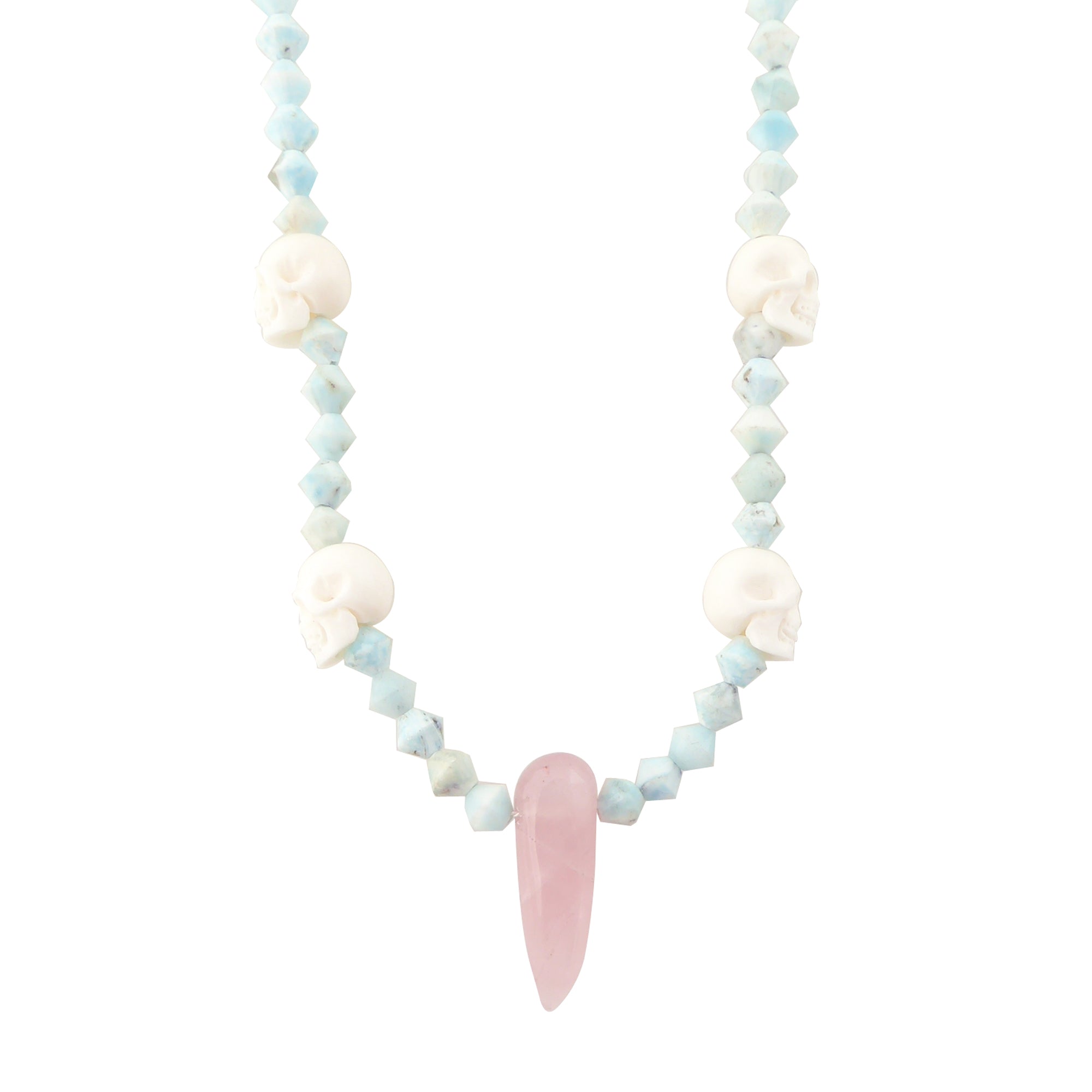 Rose quartz and carved skull necklace by Jenny Dayco 1