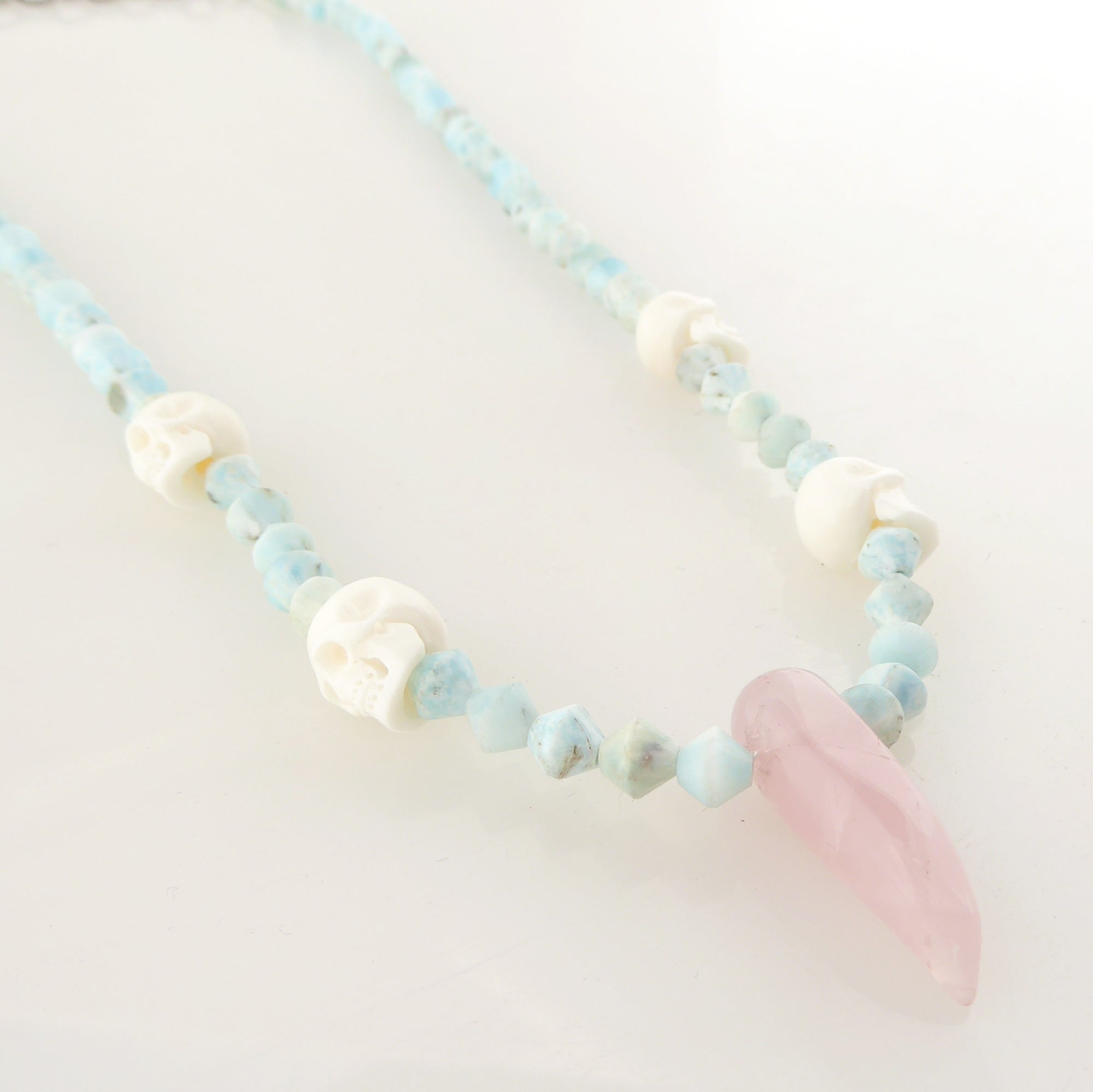 Rose quartz and carved skull necklace by Jenny Dayco 2