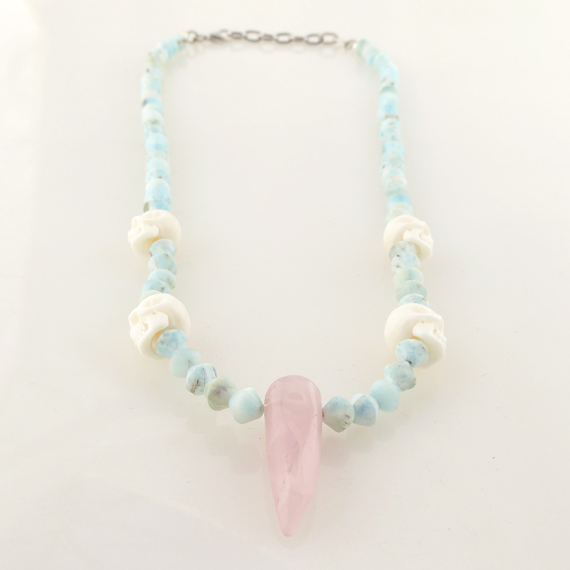 Rose quartz and carved skull necklace by Jenny Dayco 3