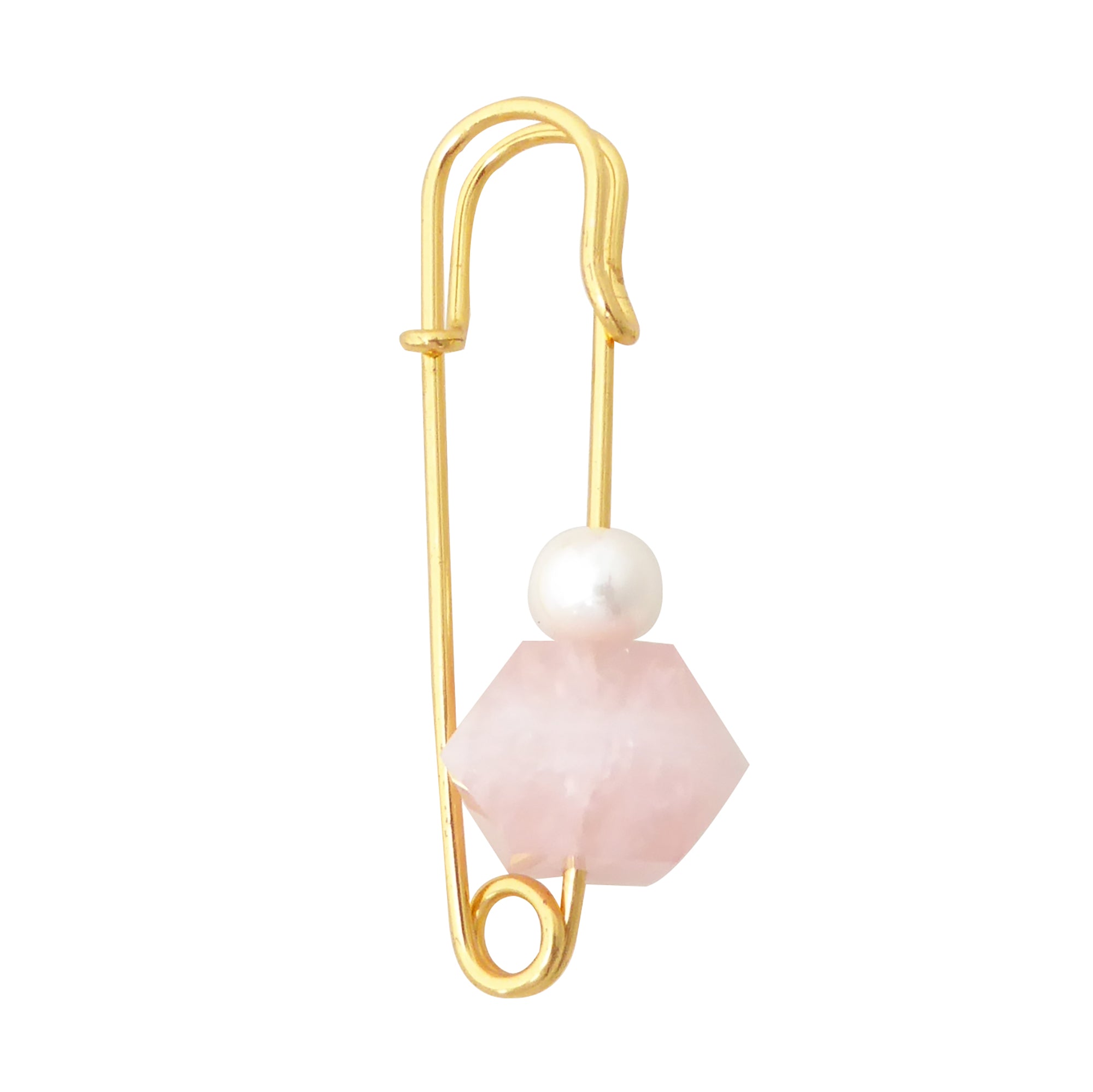 Rose quartz and pearl safety pin brooch by Jenny Dayco 1