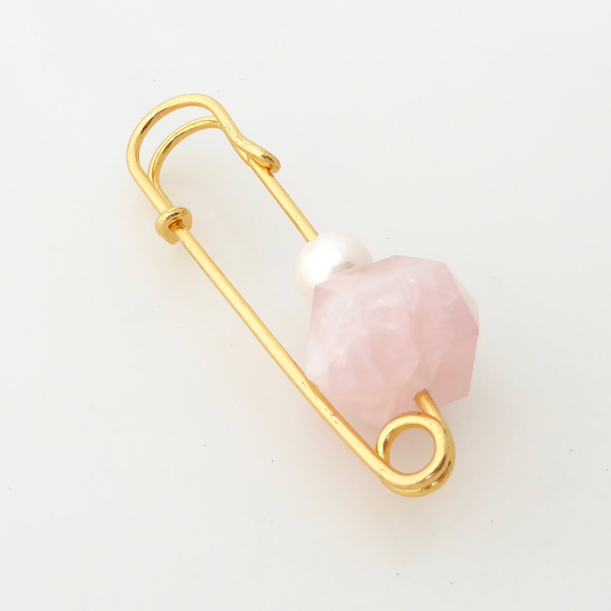 Rose quartz and pearl safety pin brooch by Jenny Dayco 2