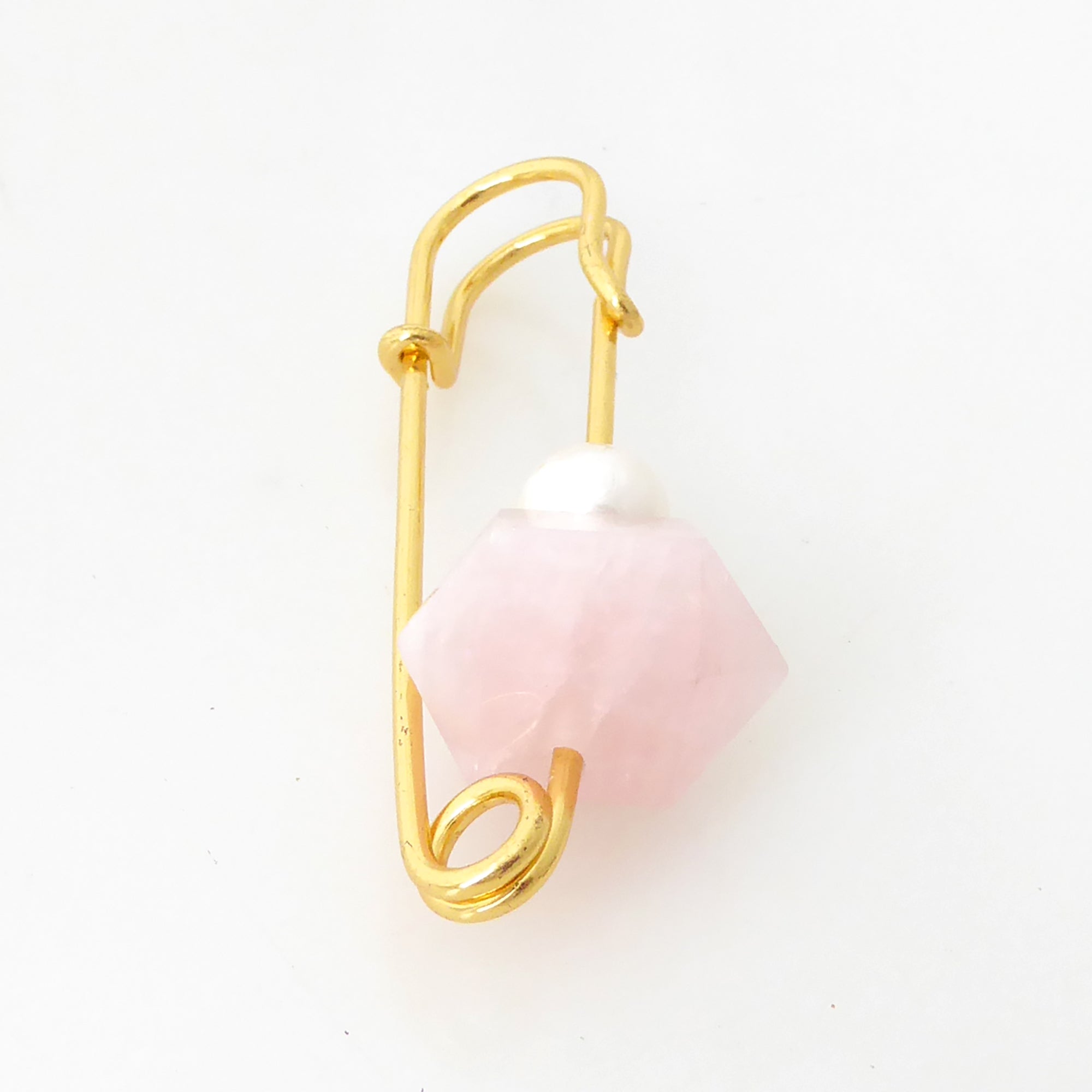 Rose quartz and pearl safety pin brooch by Jenny Dayco 3