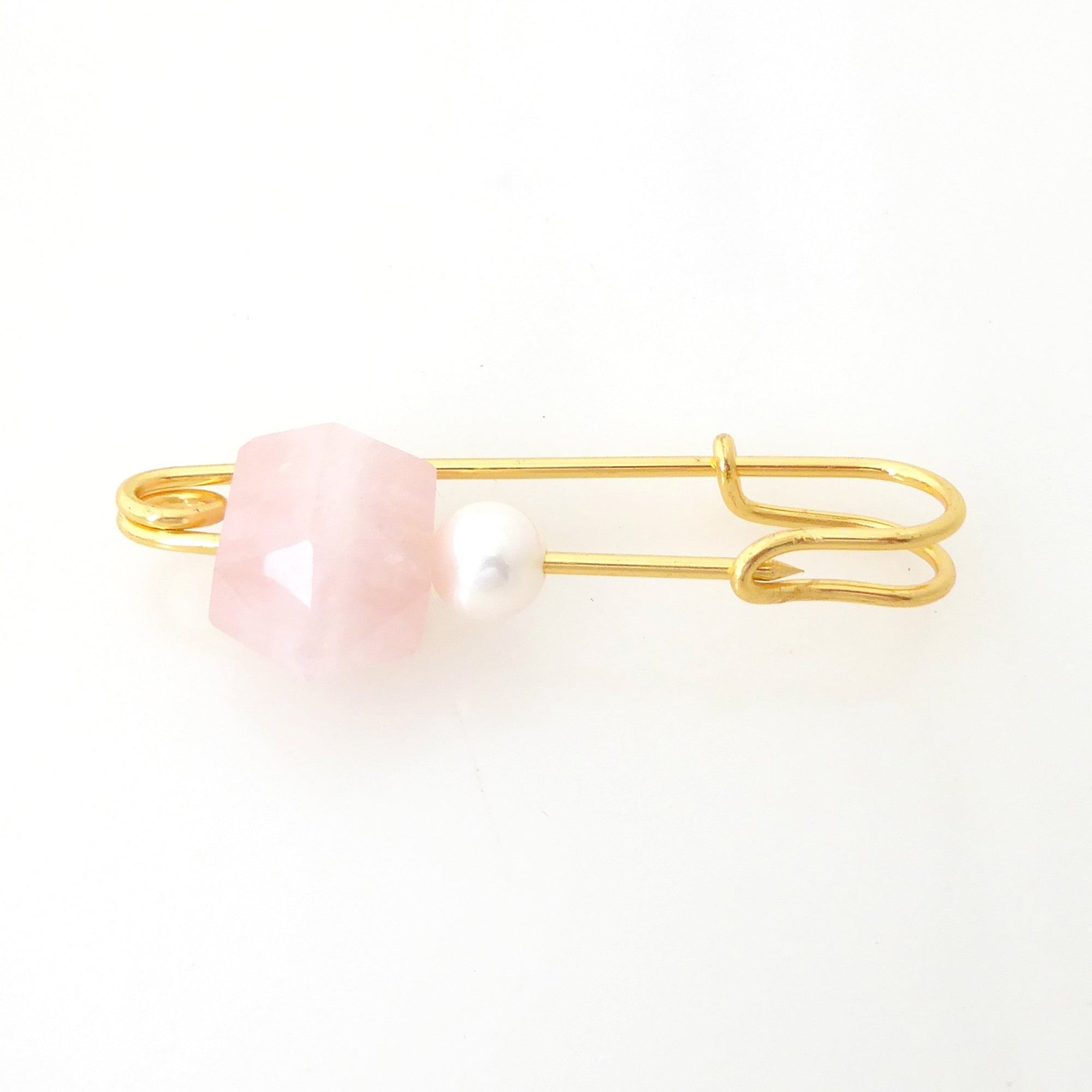 Rose quartz and pearl safety pin brooch by Jenny Dayco 4