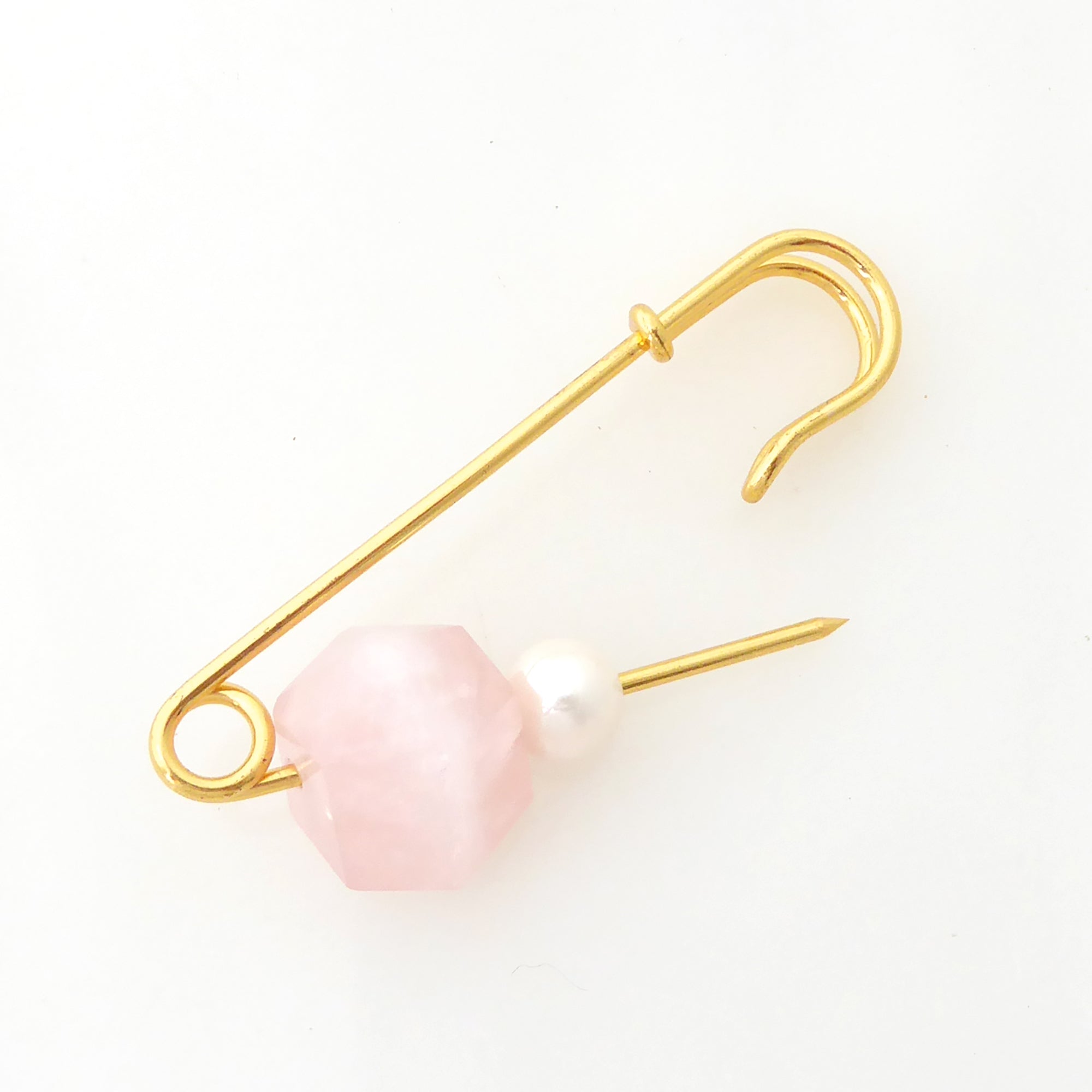 Rose quartz and pearl safety pin brooch by Jenny Dayco 5